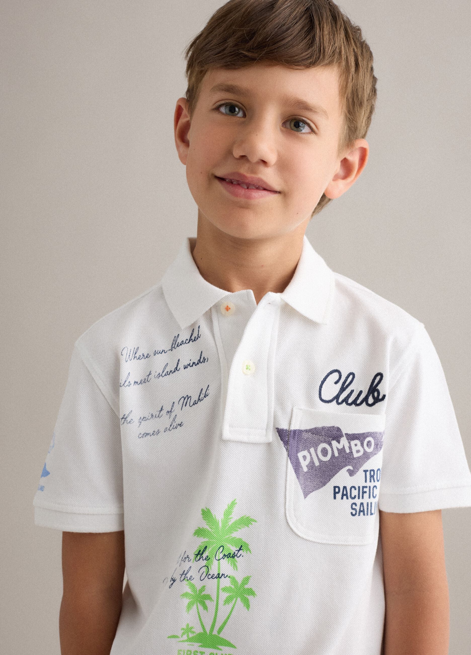 White short-sleeved polo shirt in pure cotton
