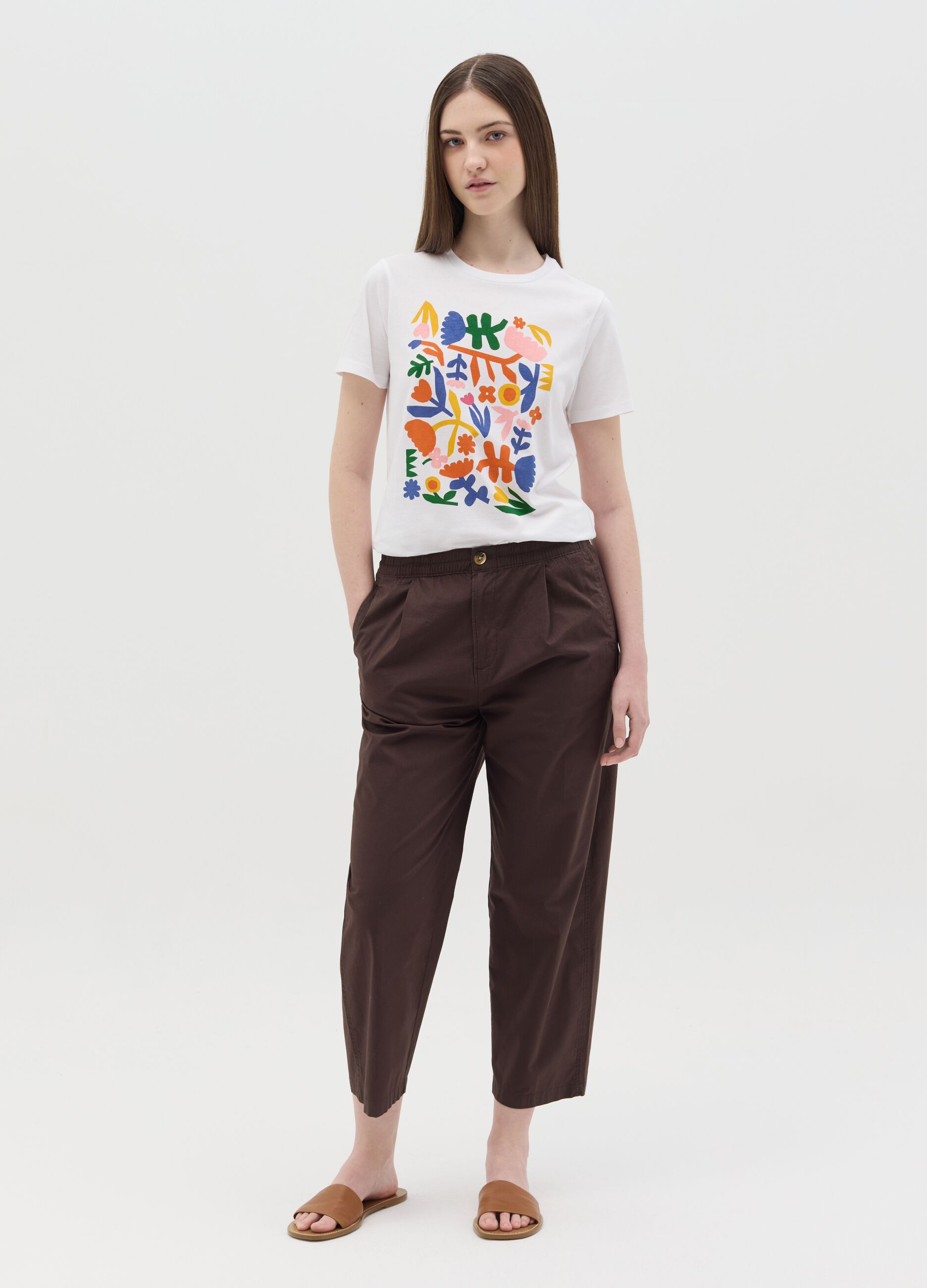White cotton T-shirt with floral print