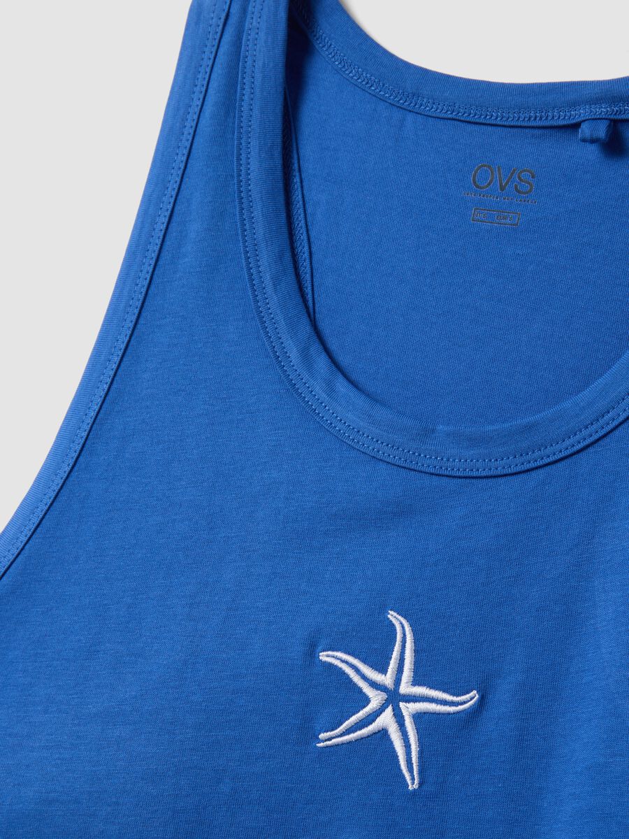 Canotta pigiama in puro cotone blu regular fit con ricamo_5