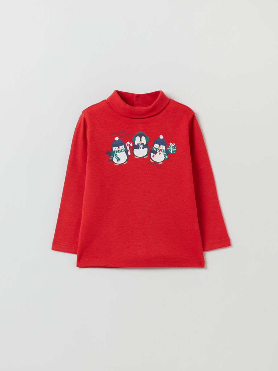T-shirt a collo alto con stampa natalizia_0