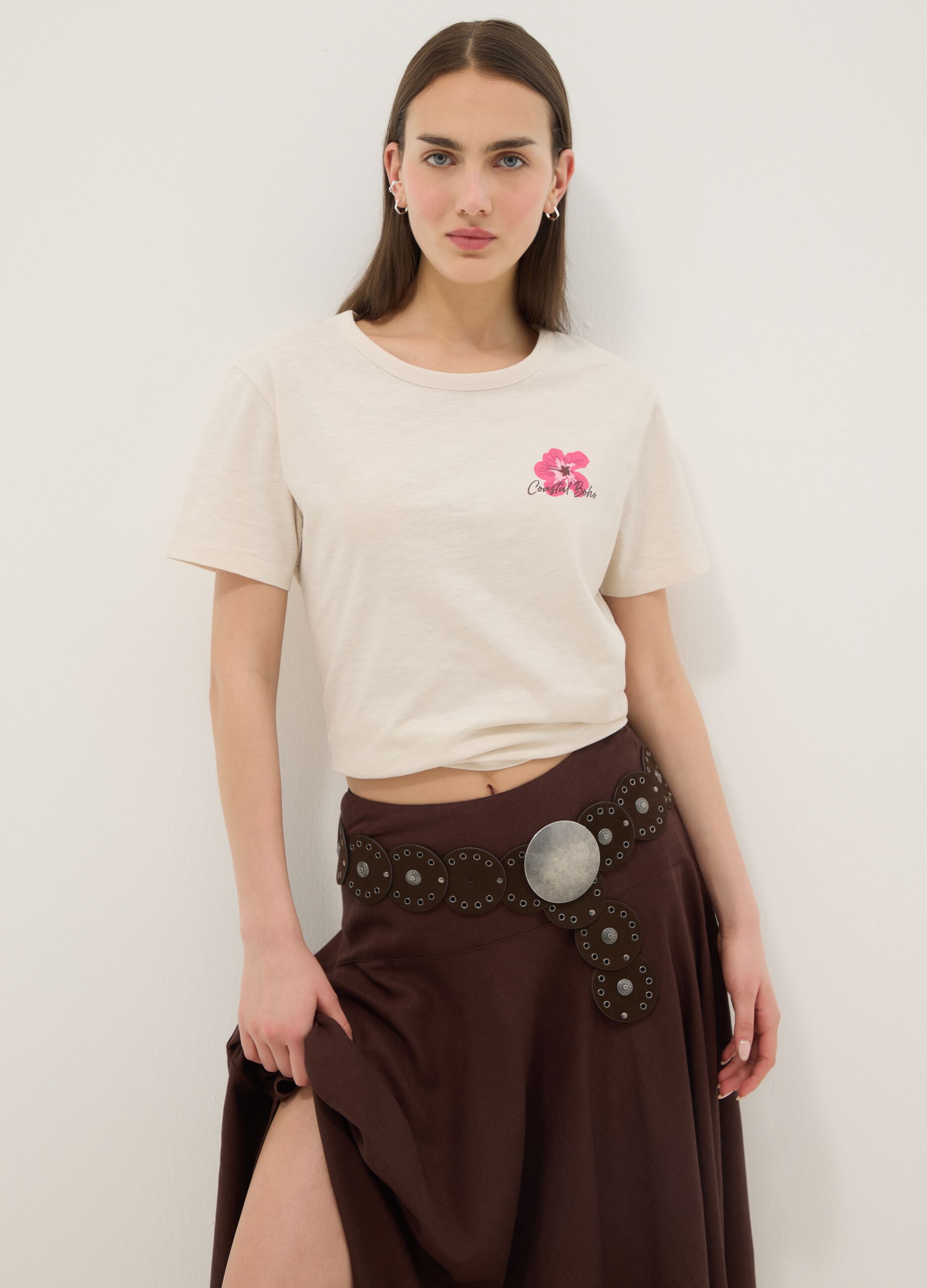 Beige pure cotton relaxed-fit T-shirt with floral print