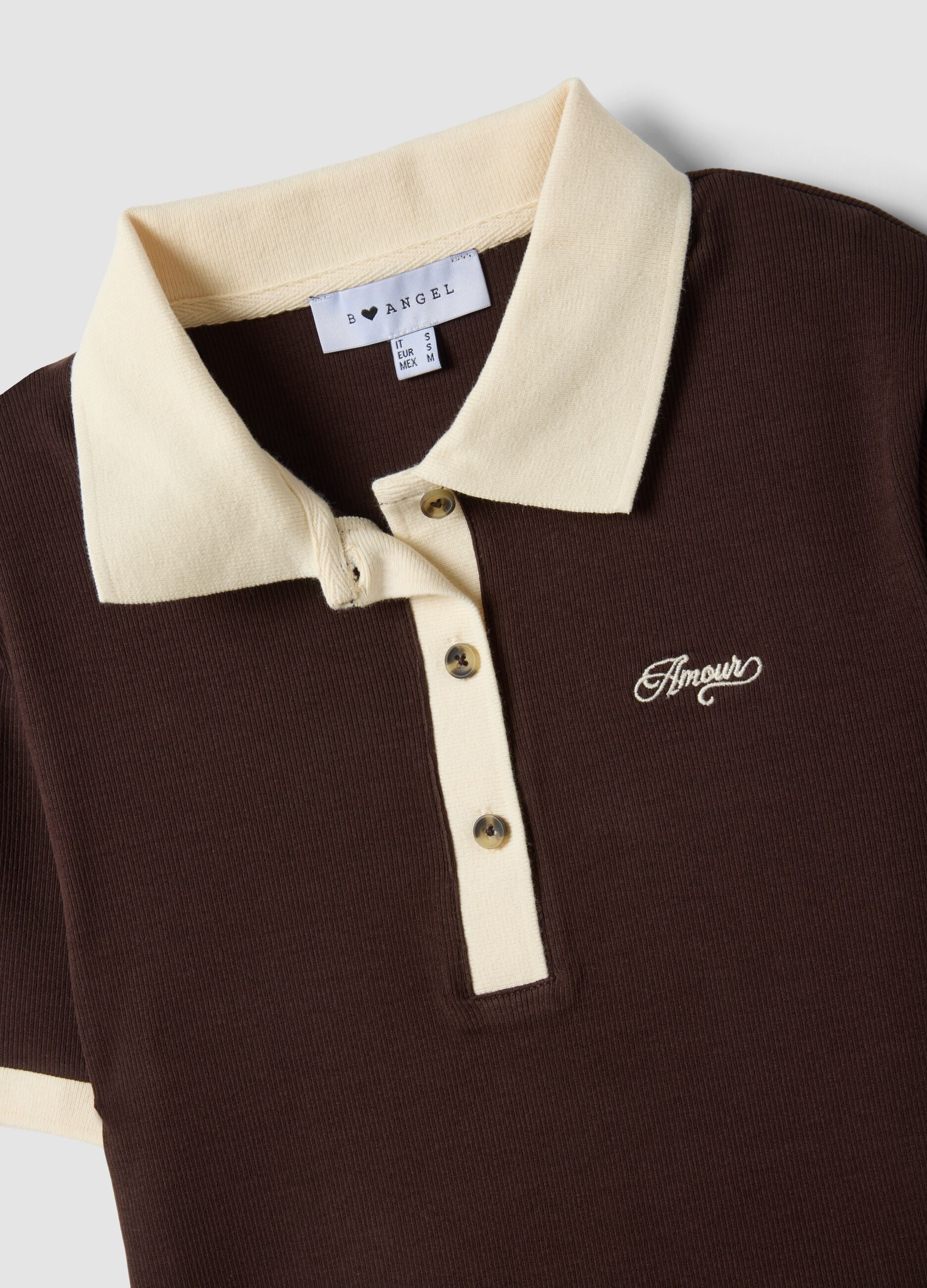 Brown cropped stretch cotton polo with print, regular fit