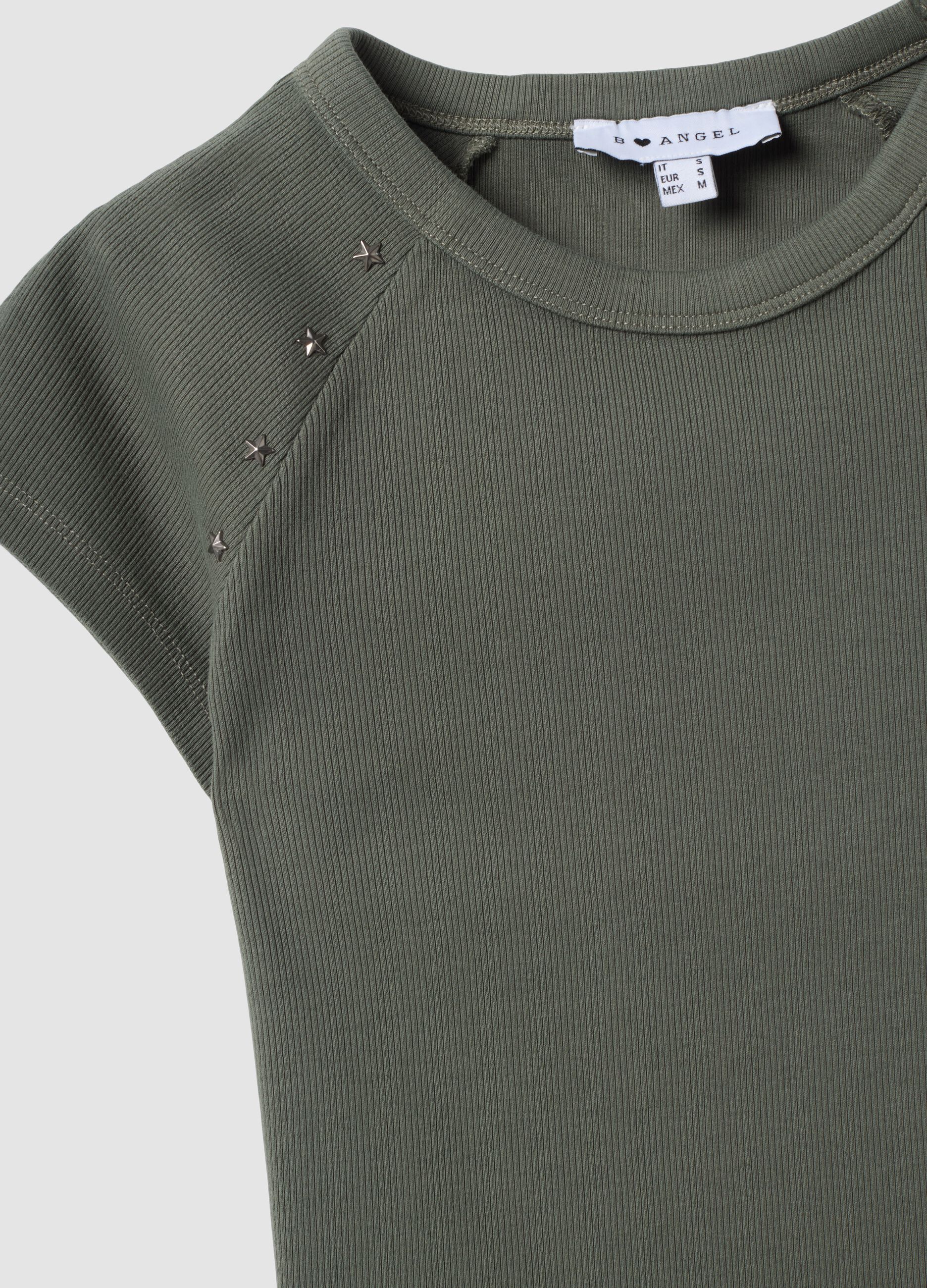 Green fitted ribbed stretch-cotton T-shirt with studs