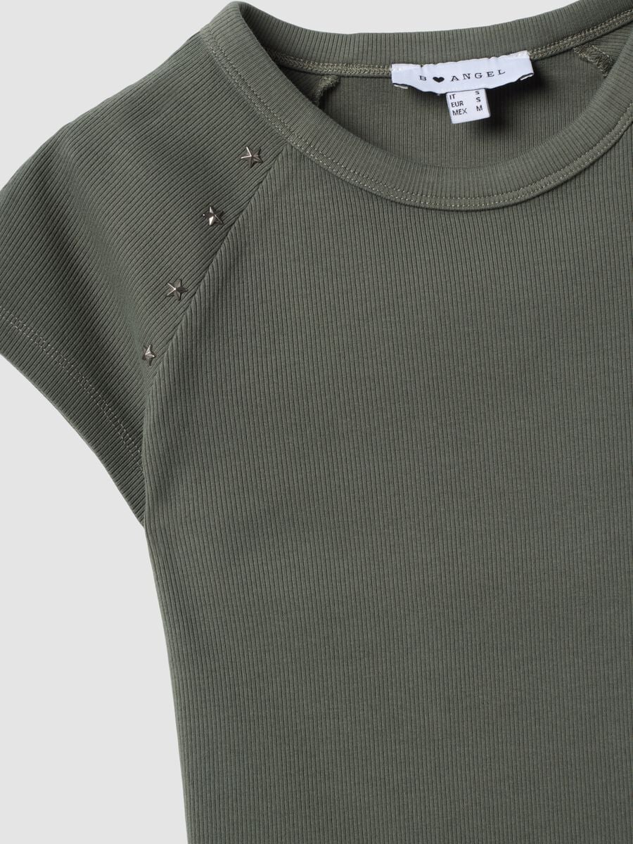 Green fitted ribbed stretch-cotton T-shirt with studs_6