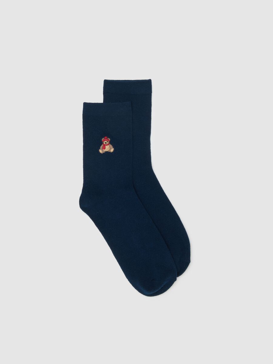 Blue stretch cotton socks with Christmas embroidery_0