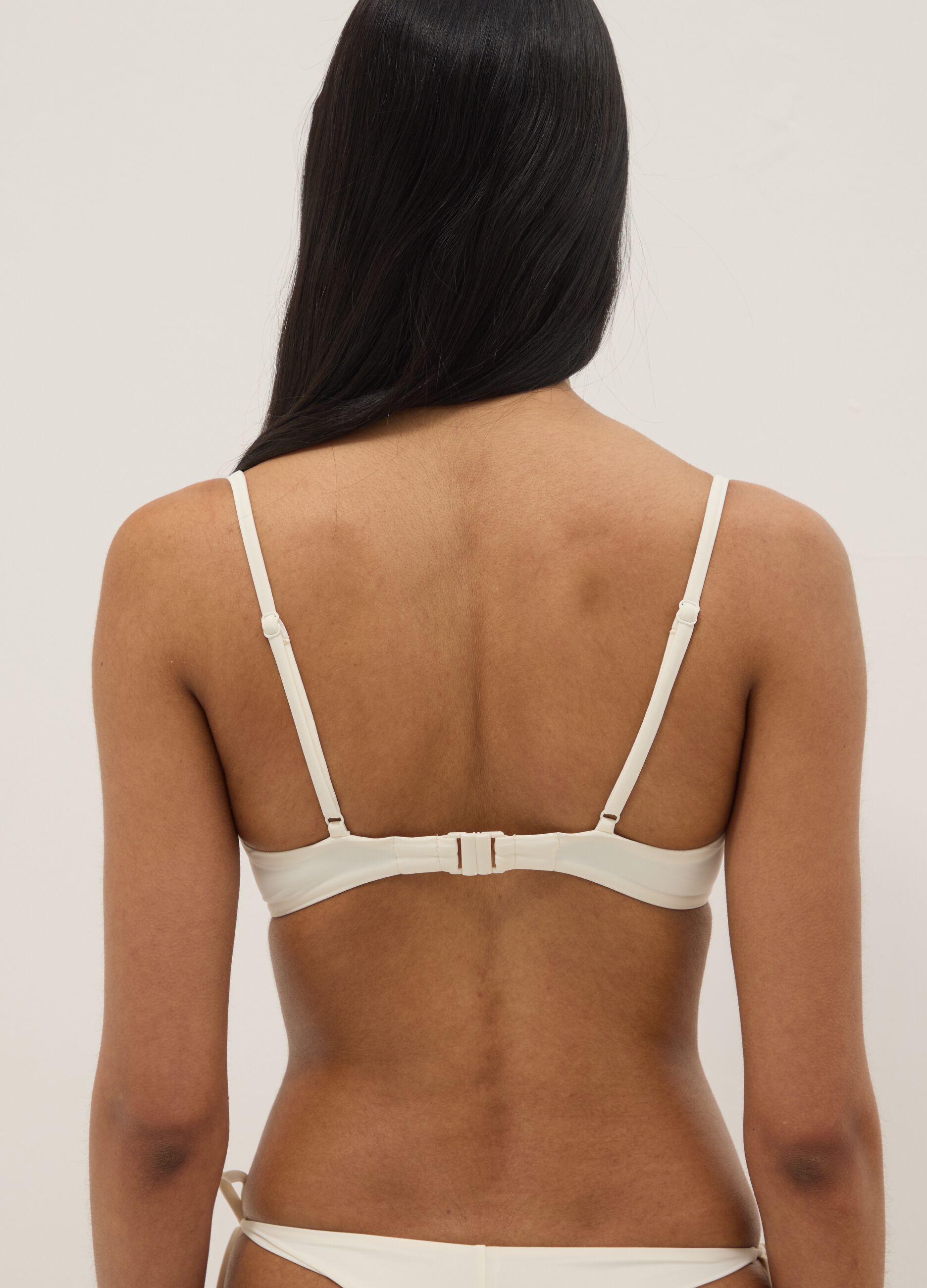 White stretch-fabric bikini top with embellished straps