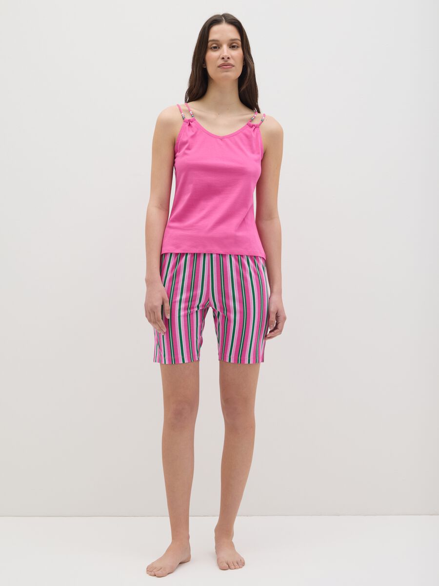 Women's summer set in multicoloured pure cotton regular fit with pink top and striped shorts_0
