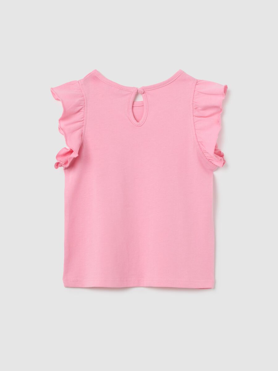 Pink tank top in cotton with print and flounce_1