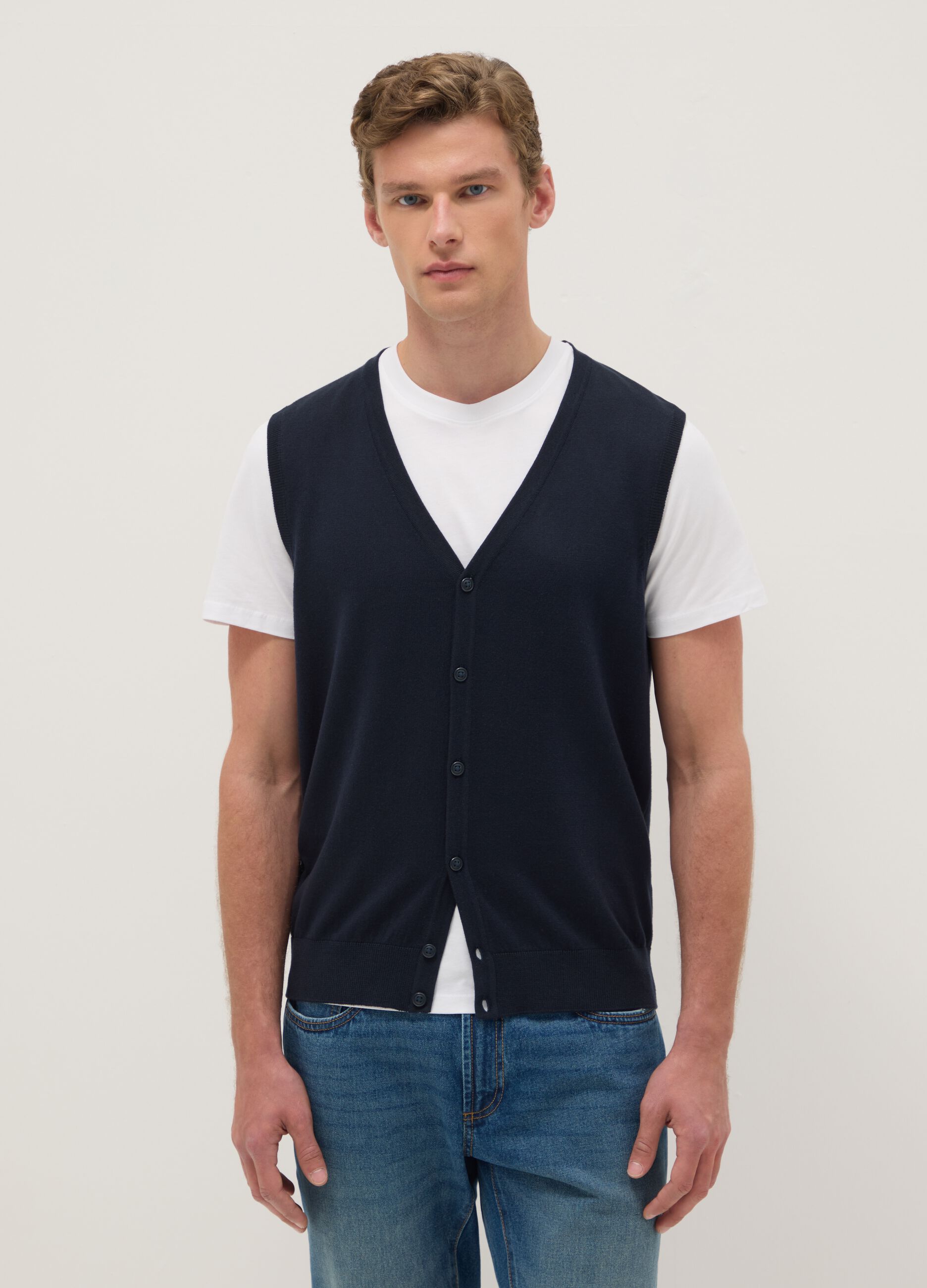 Regular fit deep V blue waistcoat in cotton blend with buttons