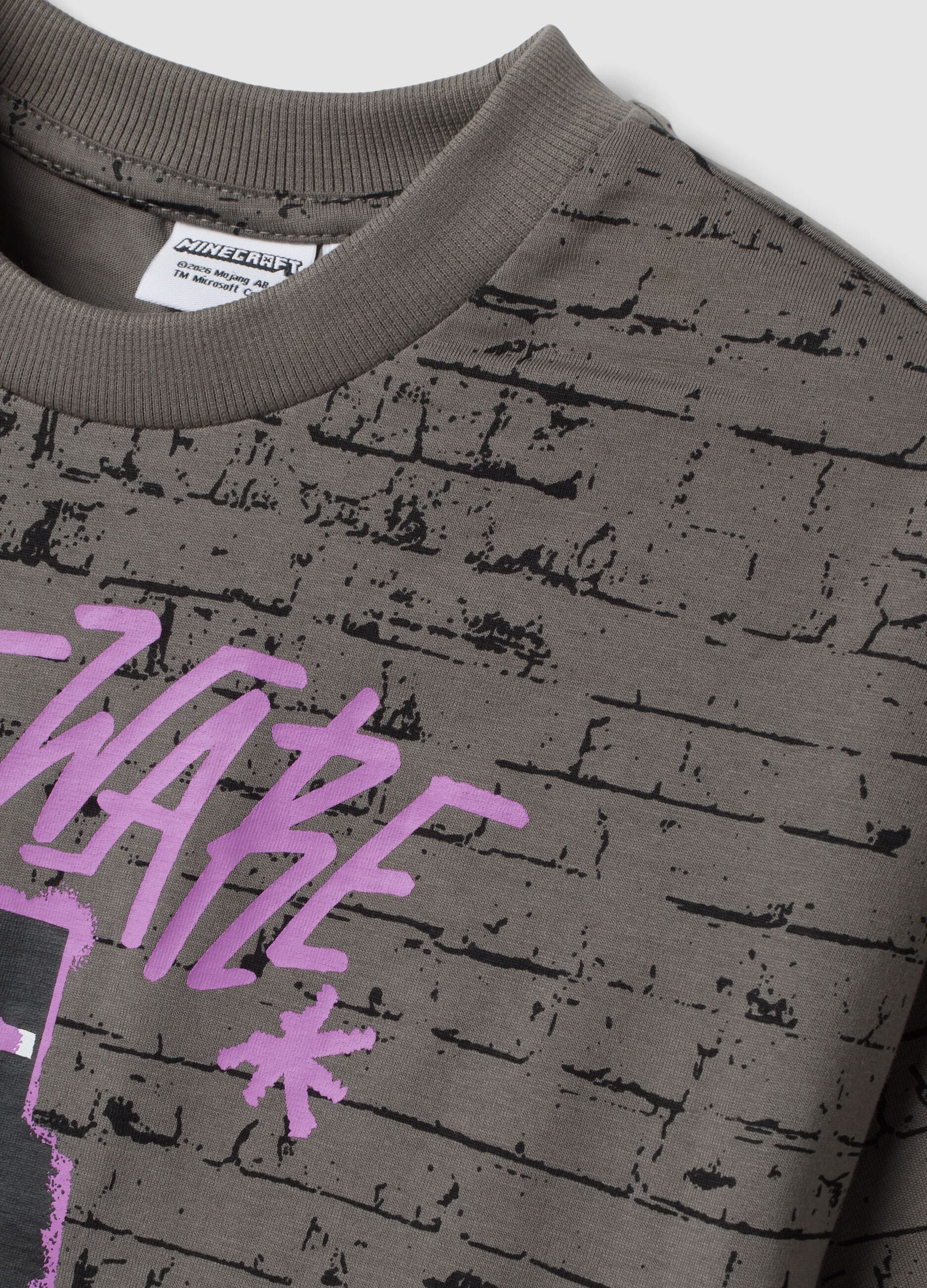 Grey pure cotton crew-neck Minecraft print T-shirt