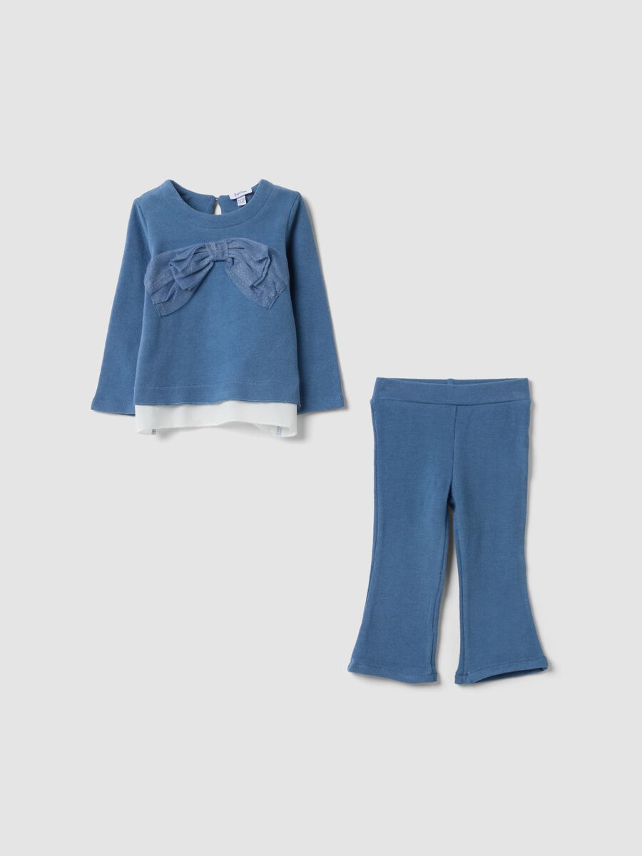Completo blu in cotone e viscosa elasticizzata con fiocco_0
