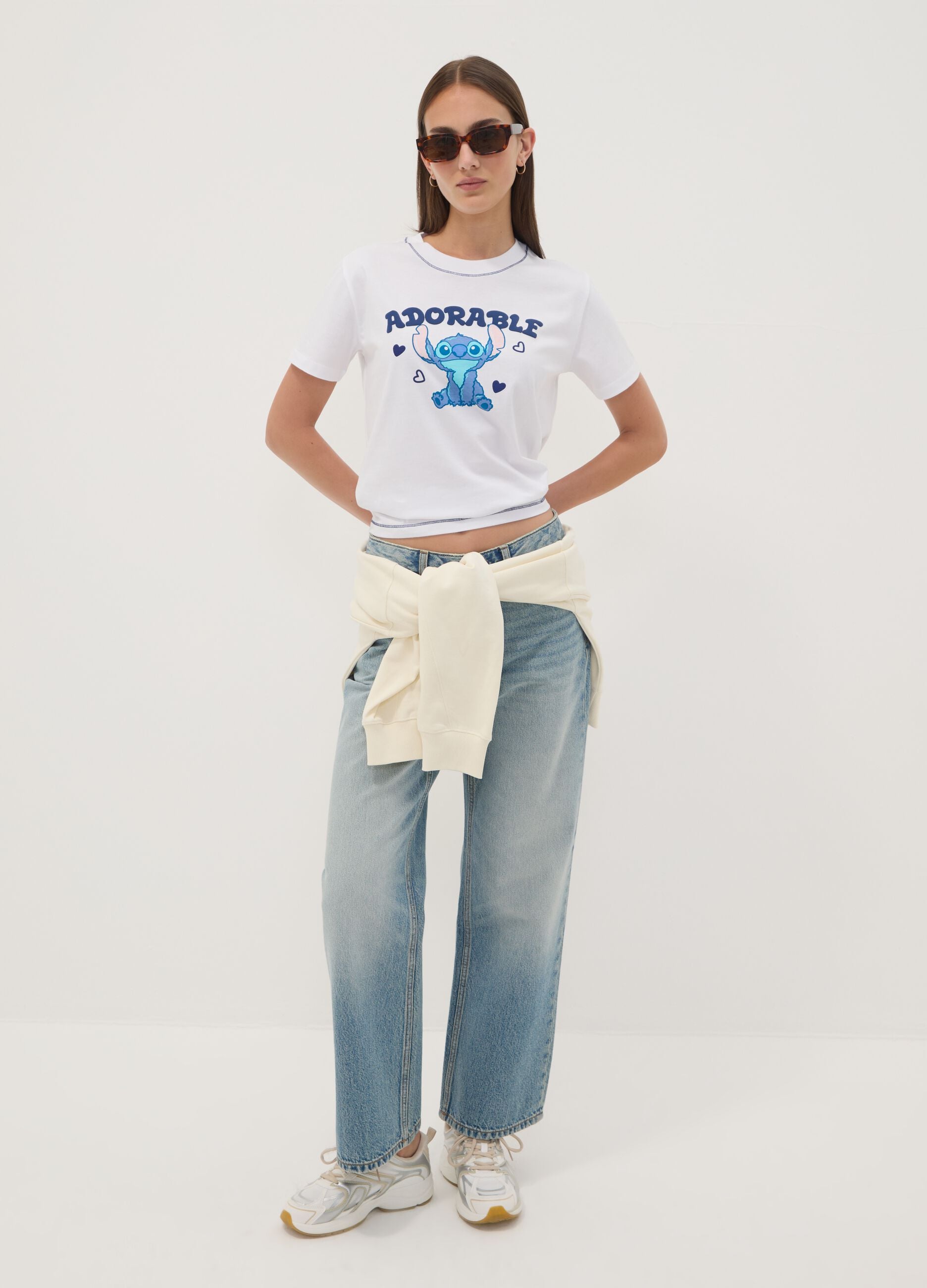 White pure cotton T-shirt with Stitch print, regular fit
