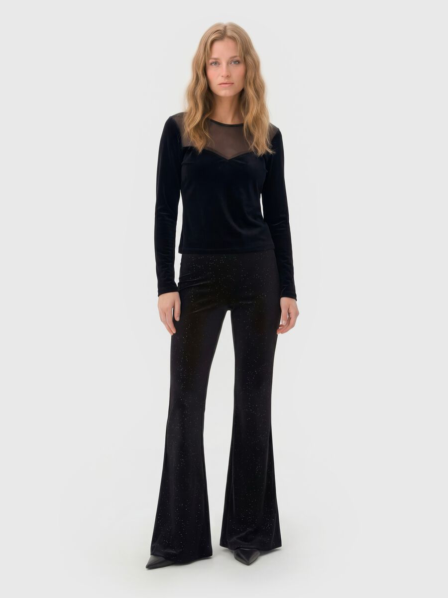 Black stretch fabric flare trousers with glitter_0