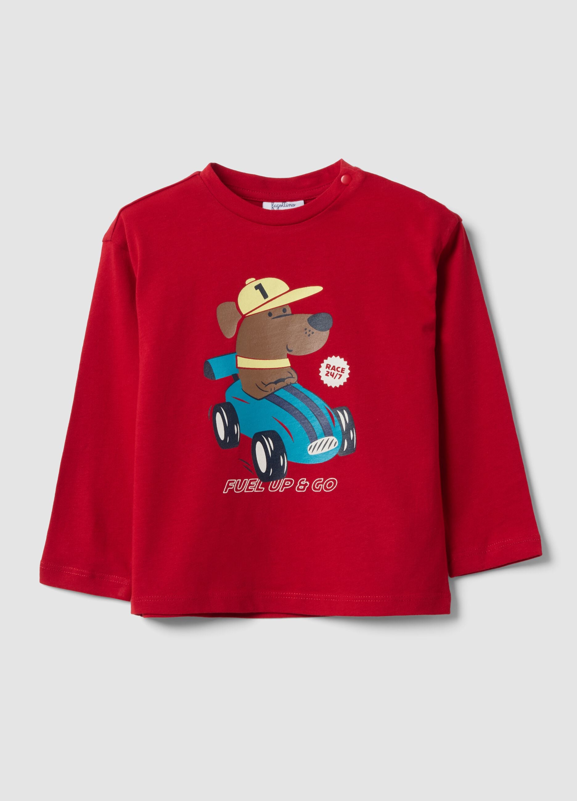 Red pure organic cotton T-shirt with puppy print for boys