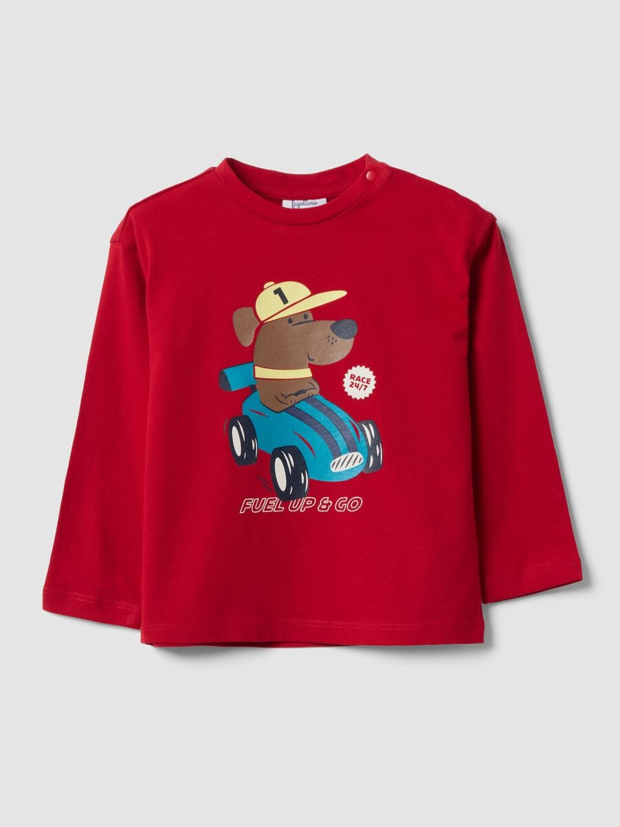 T-shirt rossa in puro cotone organico con cagnolino per bimbo_0