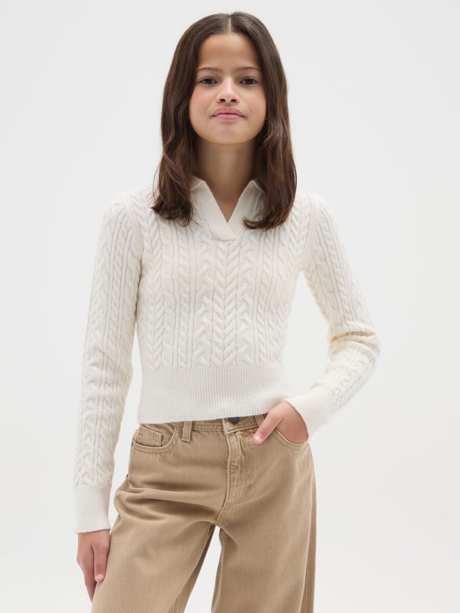 Beige girl's fitted sweater with polo collar_0