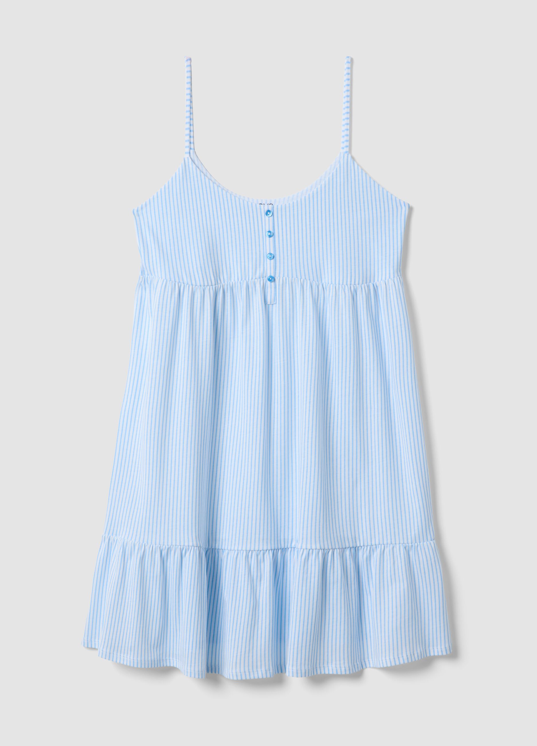 Pure cotton nightdress with white and light blue stripes and straps