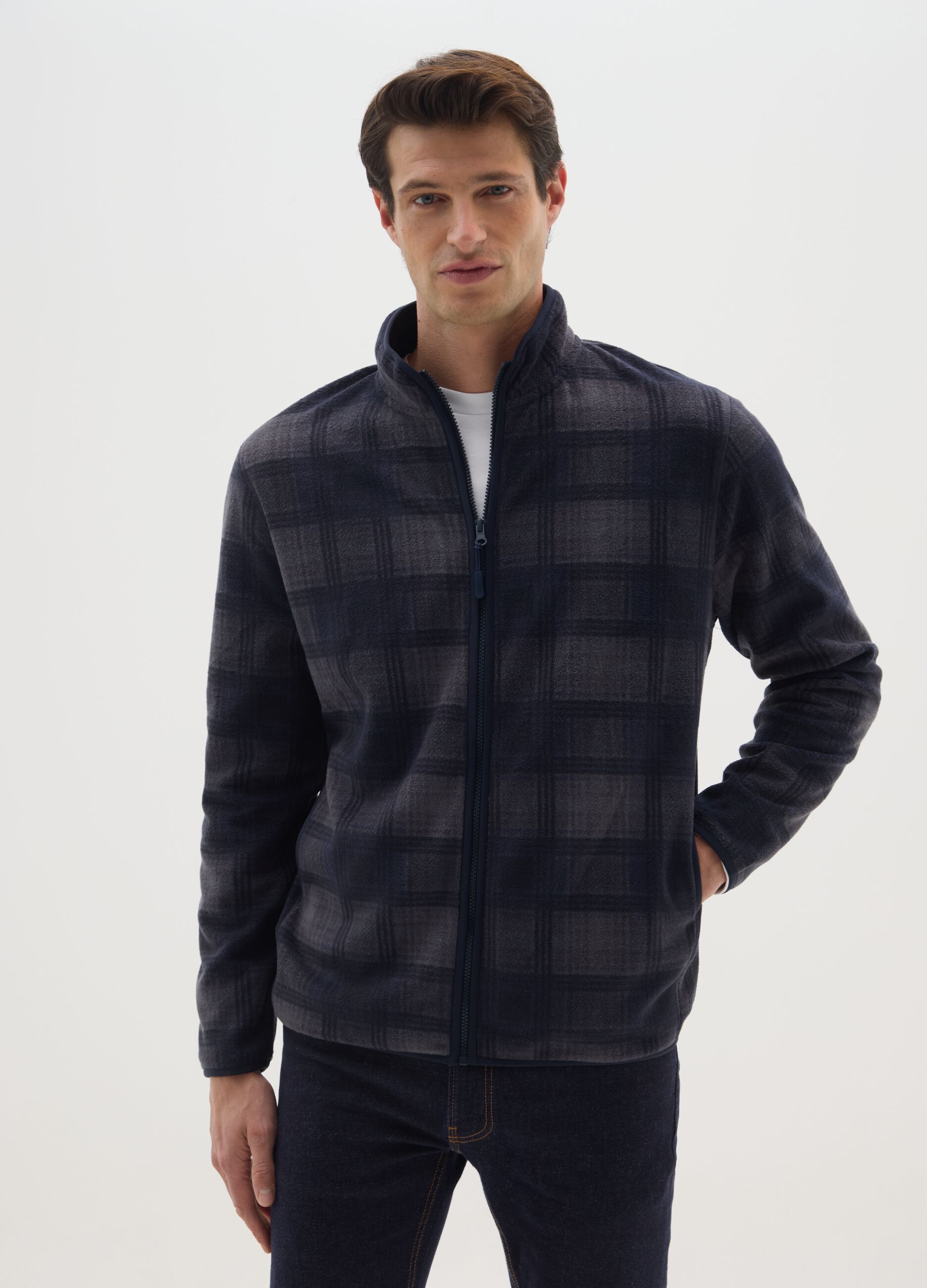 Blue High Neck Check Fleece Jacket with Zip