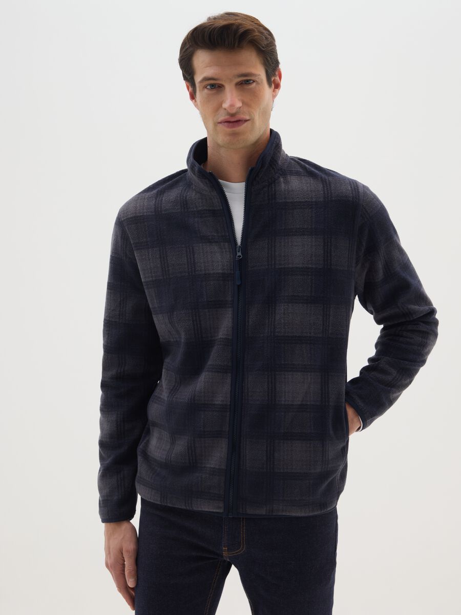 Blue High Neck Check Fleece Jacket with Zip_0
