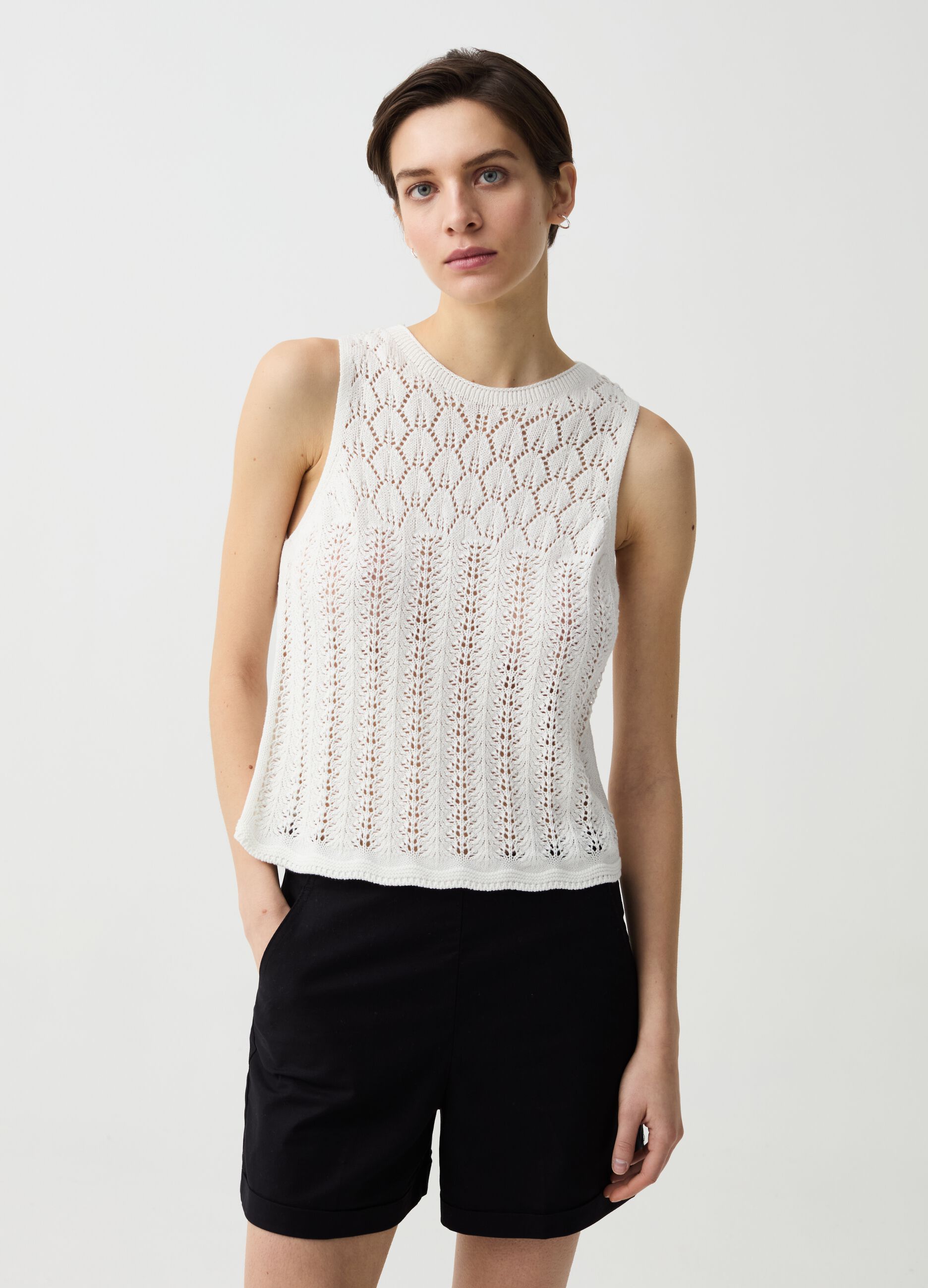 Tank top with crochet yoke and round neck