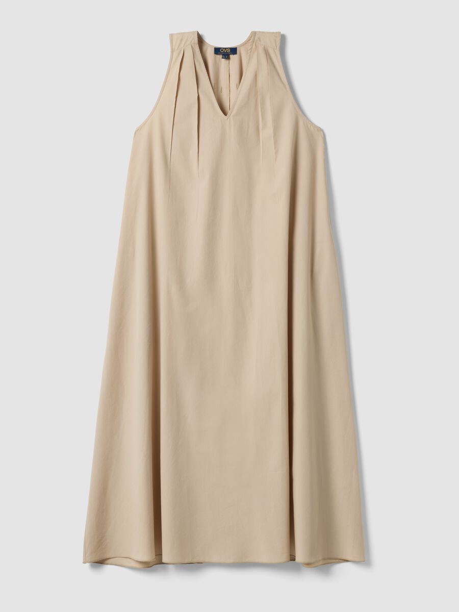 Beige midi dress in pure cotton with V-neck_4