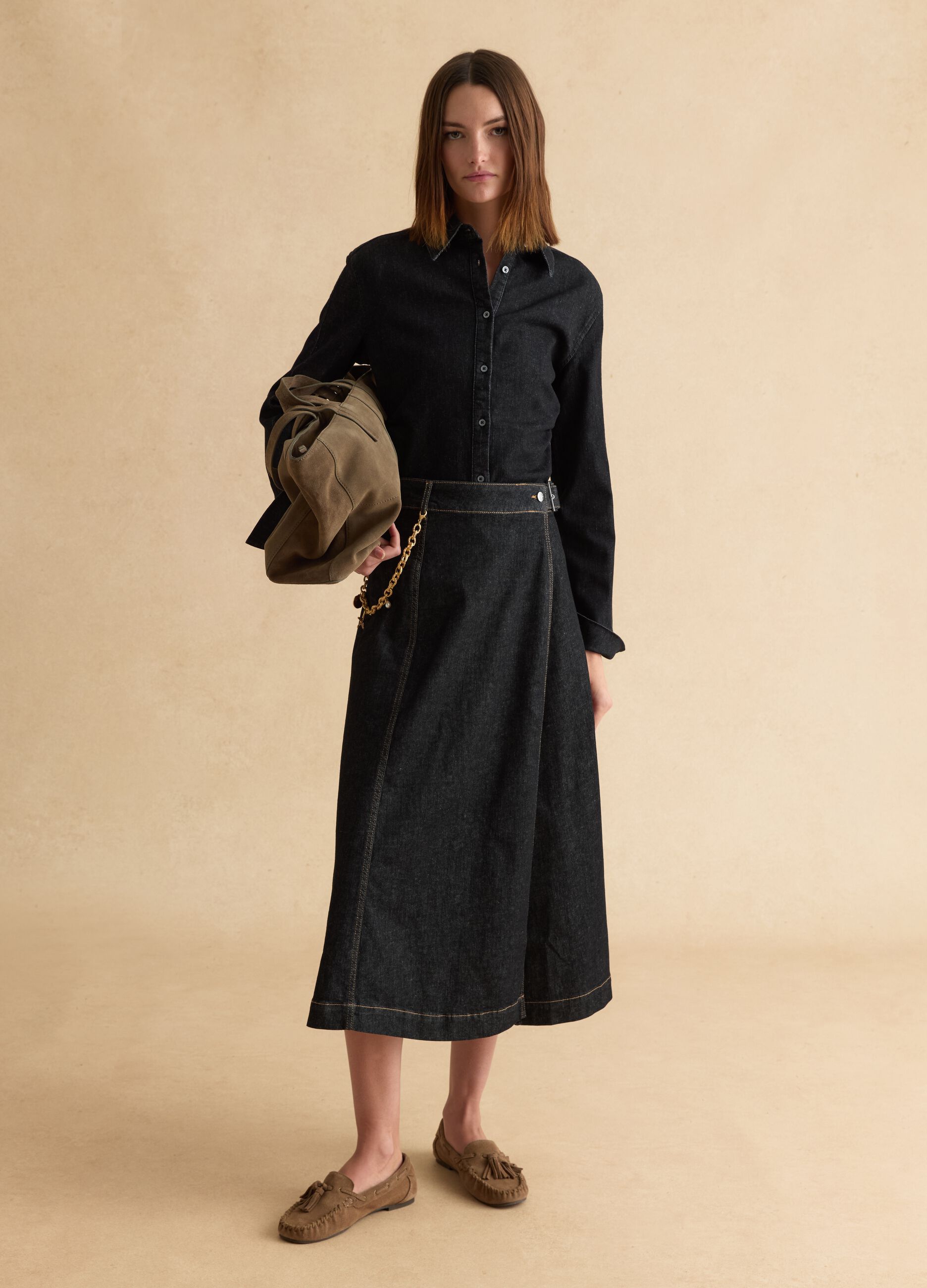 Gonna in cotone elasticizzato nera regular fit con cintura