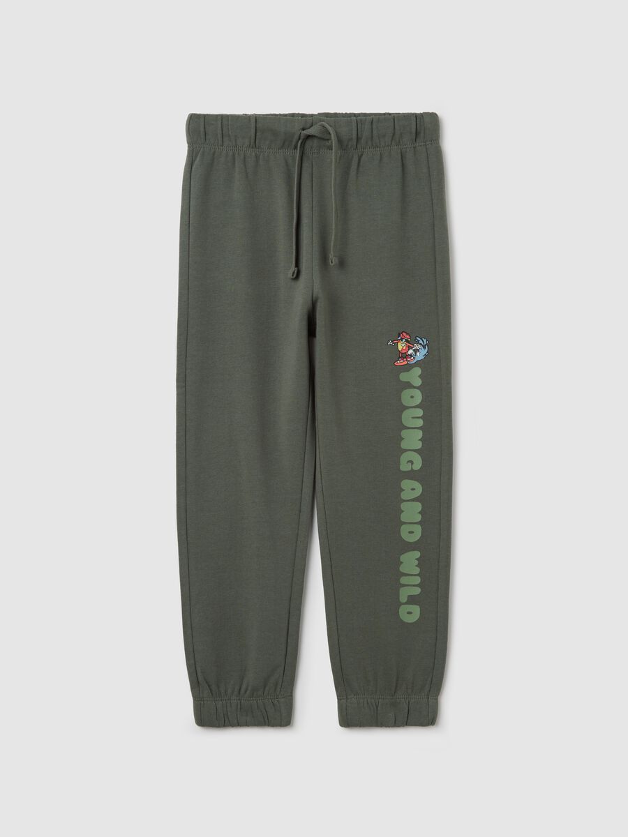 Green cotton joggers with drawstring and print_0