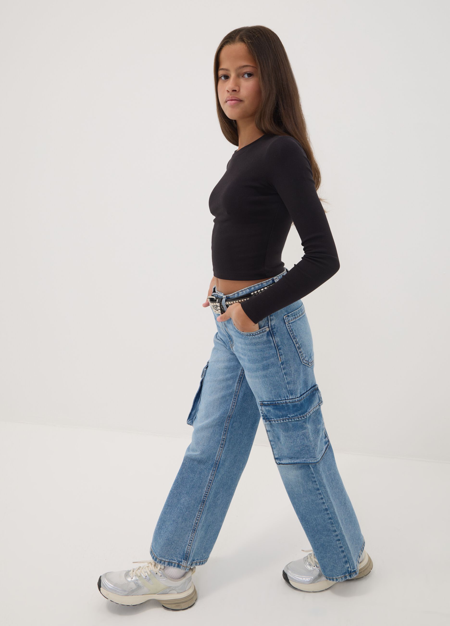 Light blue pure cotton denim cargo jeans, relaxed fit for girls