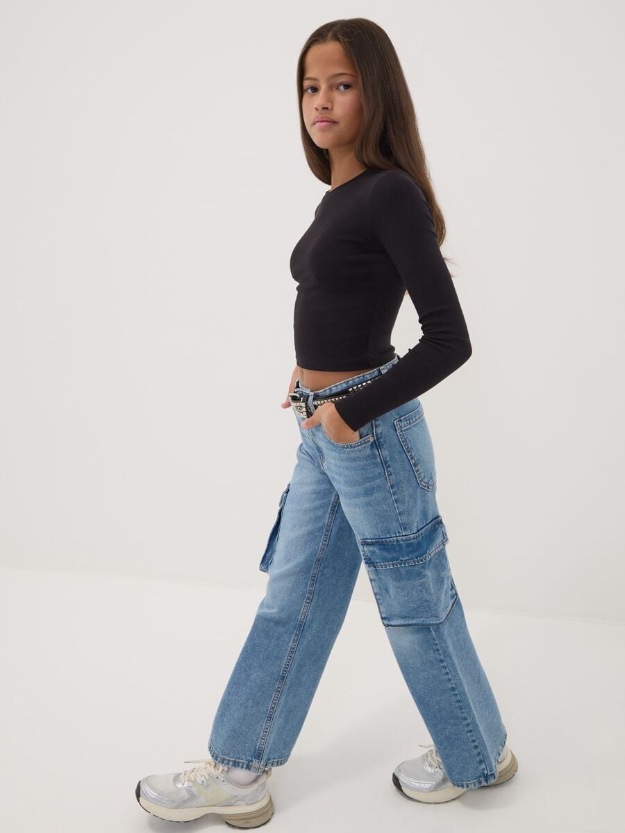 Jeans cargo denim in puro cotone azzurro relaxed fit per ragazza_2