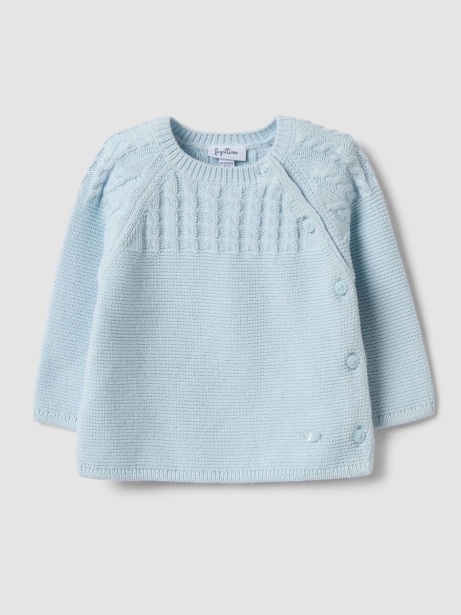 Cardigan azzurro in puro cotone organico lavorato a maglia per neonato_0