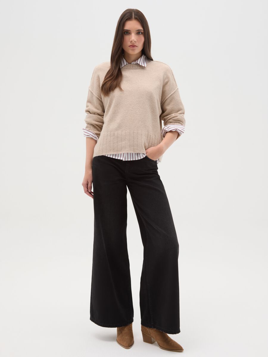 Beige stretch fabric oversized fit pullover with crew neck_1