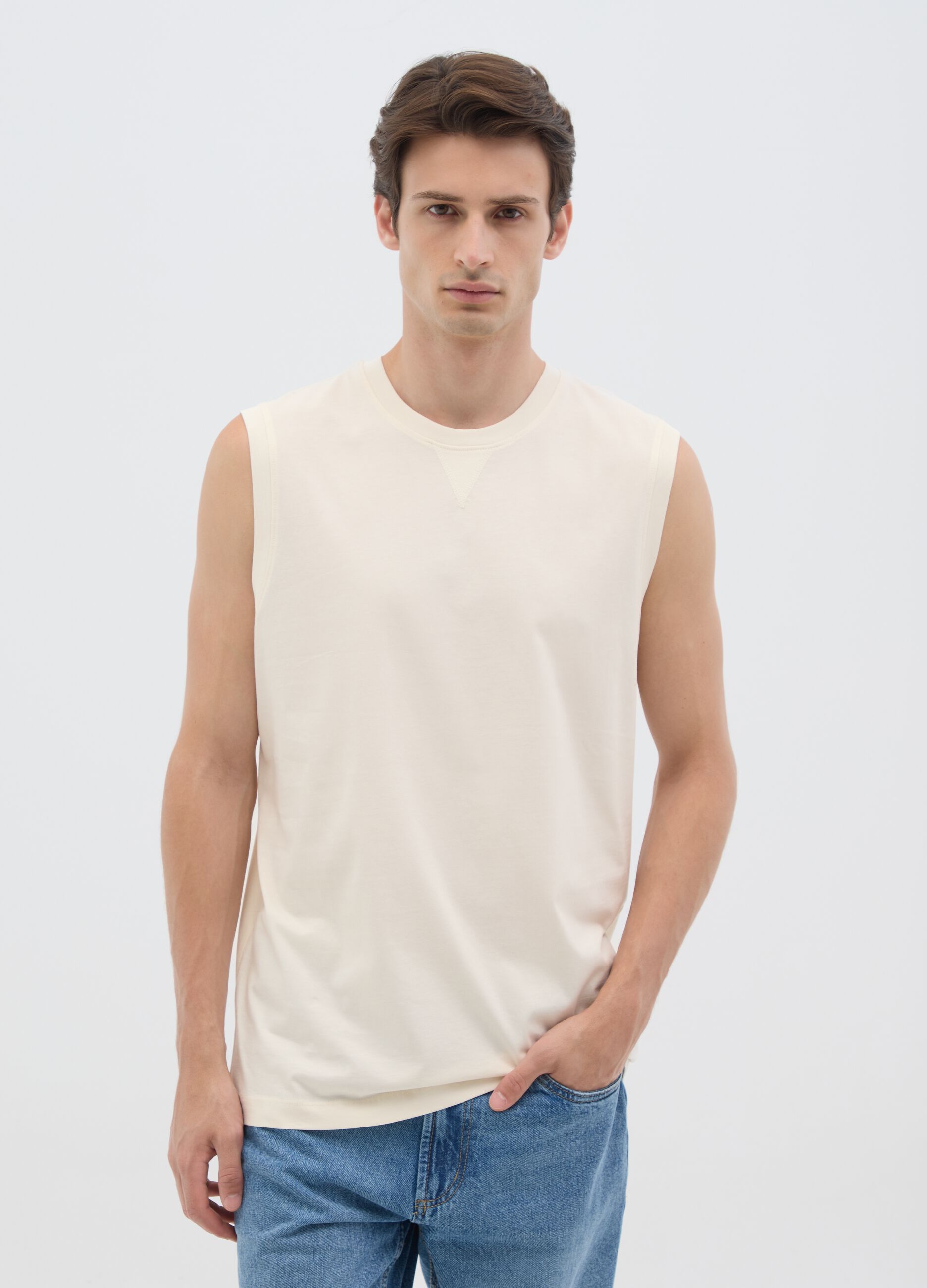 Canotta oversize da uomo in puro cotone beige regular fit