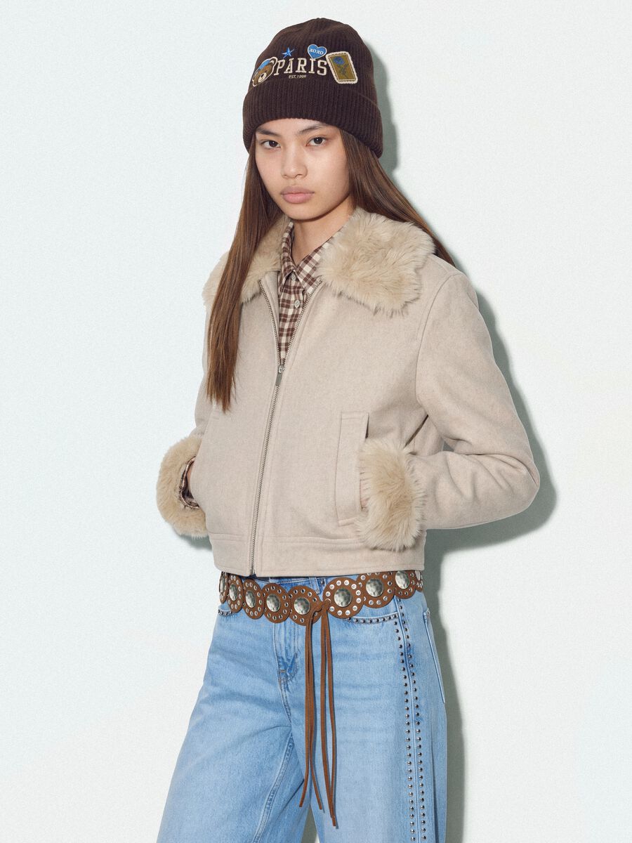 Beige regular-fit jacket with zip and contrast collar_0