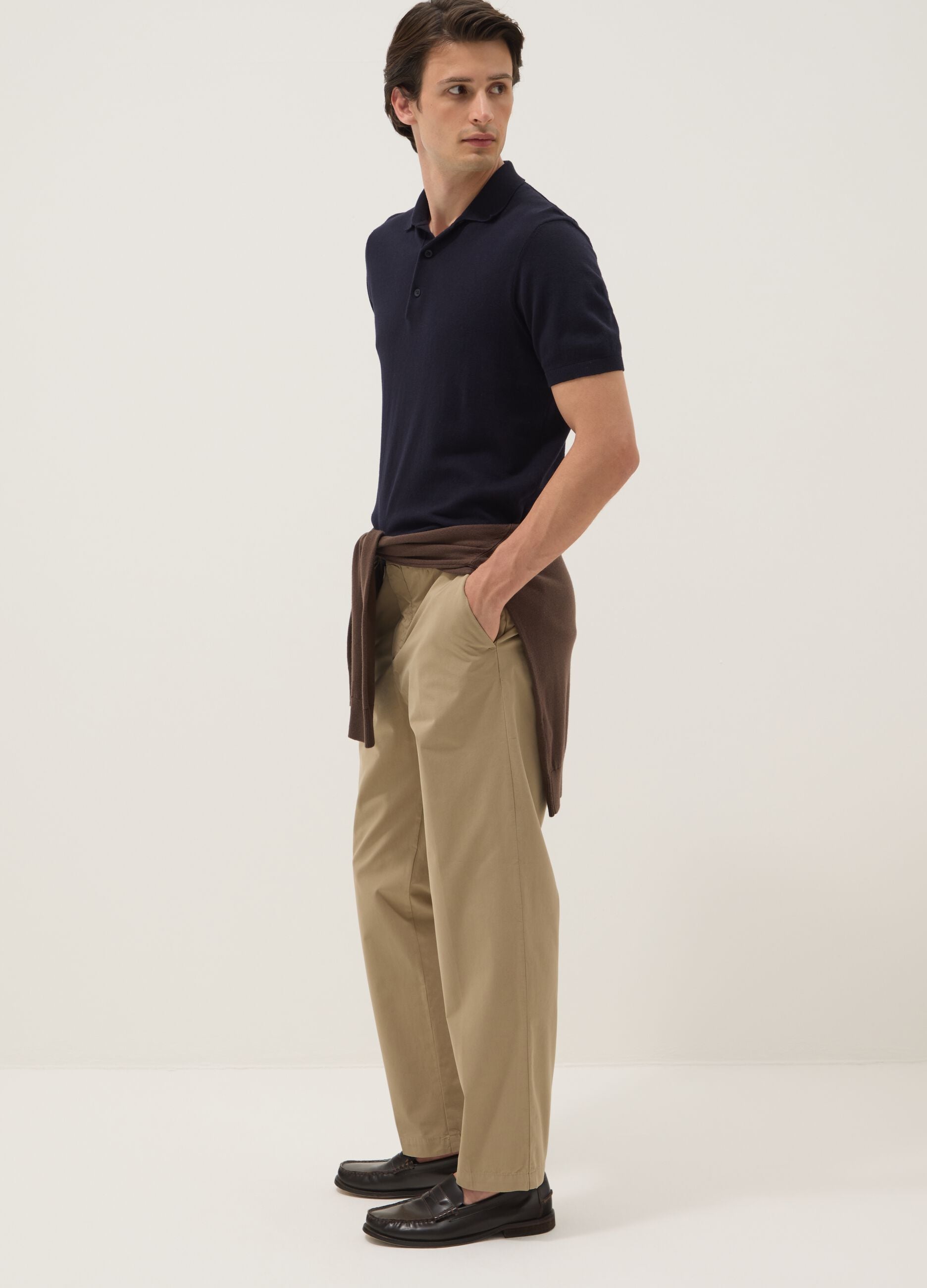 Beige pure cotton carrot-fit chino trousers