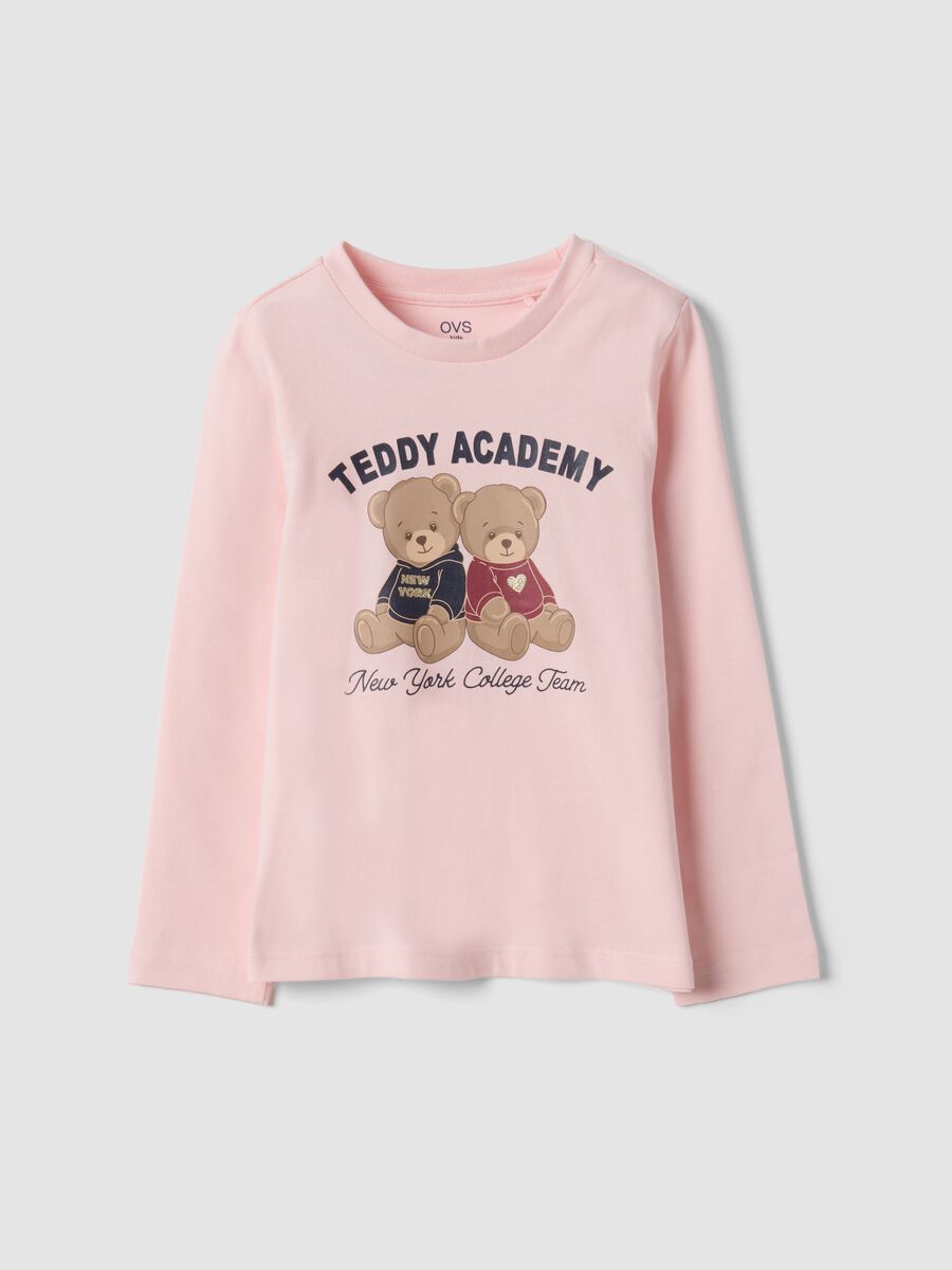 Pink pure organic cotton teddy print T-shirt for girls_0