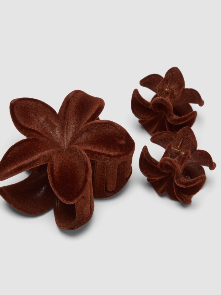 Brown Velvet-Effect Flower Hair Clip Set_2