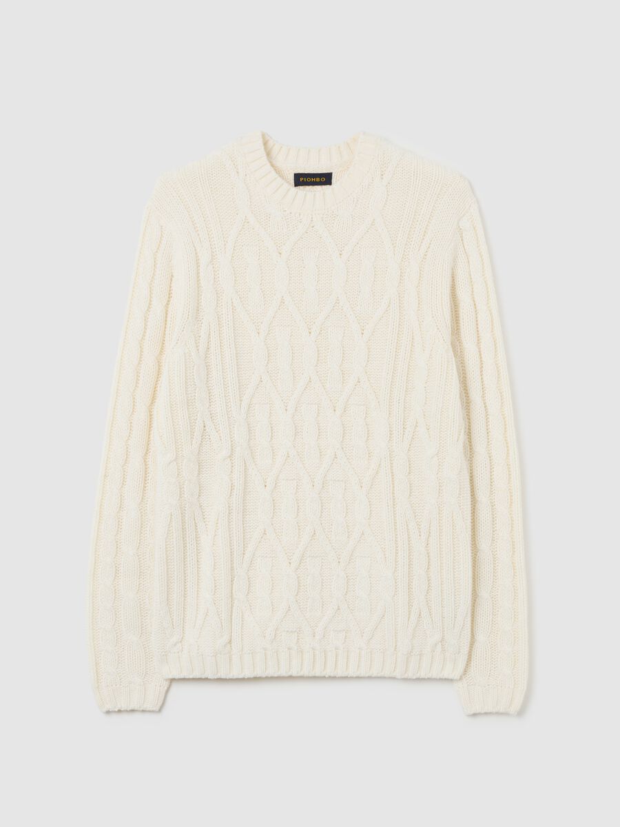 Maglione bianco regular fit con motivo a treccia_0