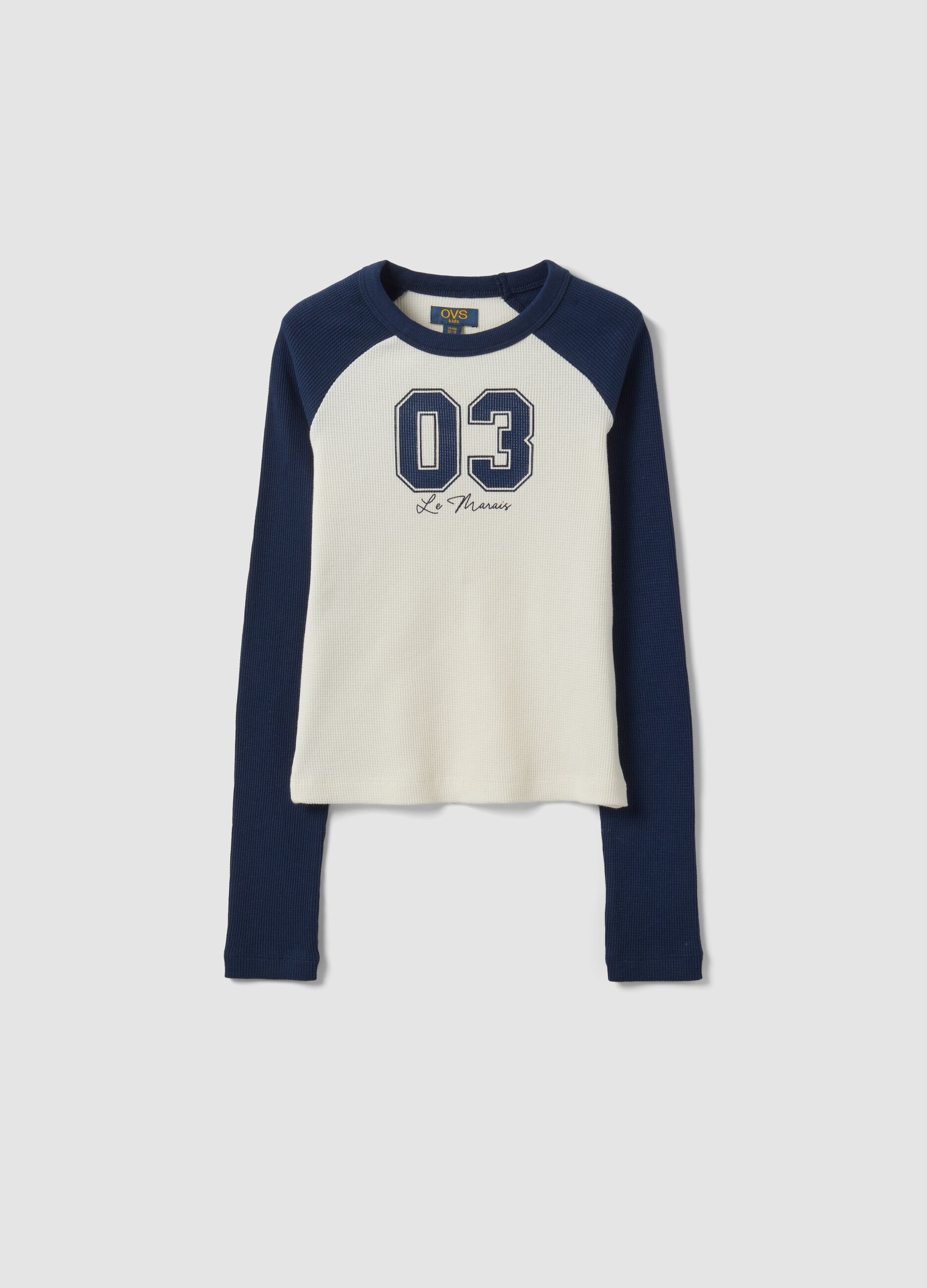 Blue stretch cotton T-shirt with contrast sleeves for girls