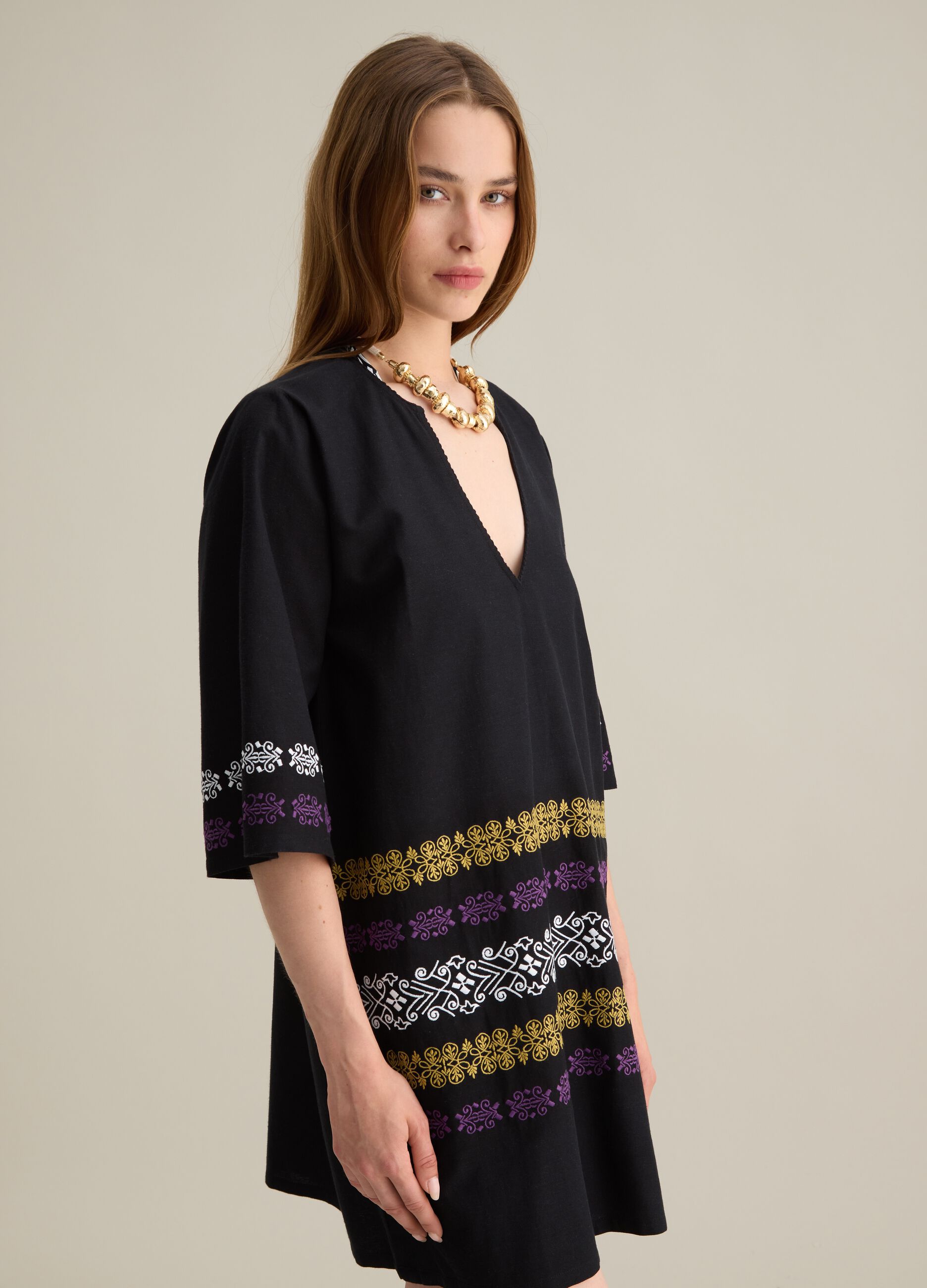 Caftano da donna in misto cotone nero