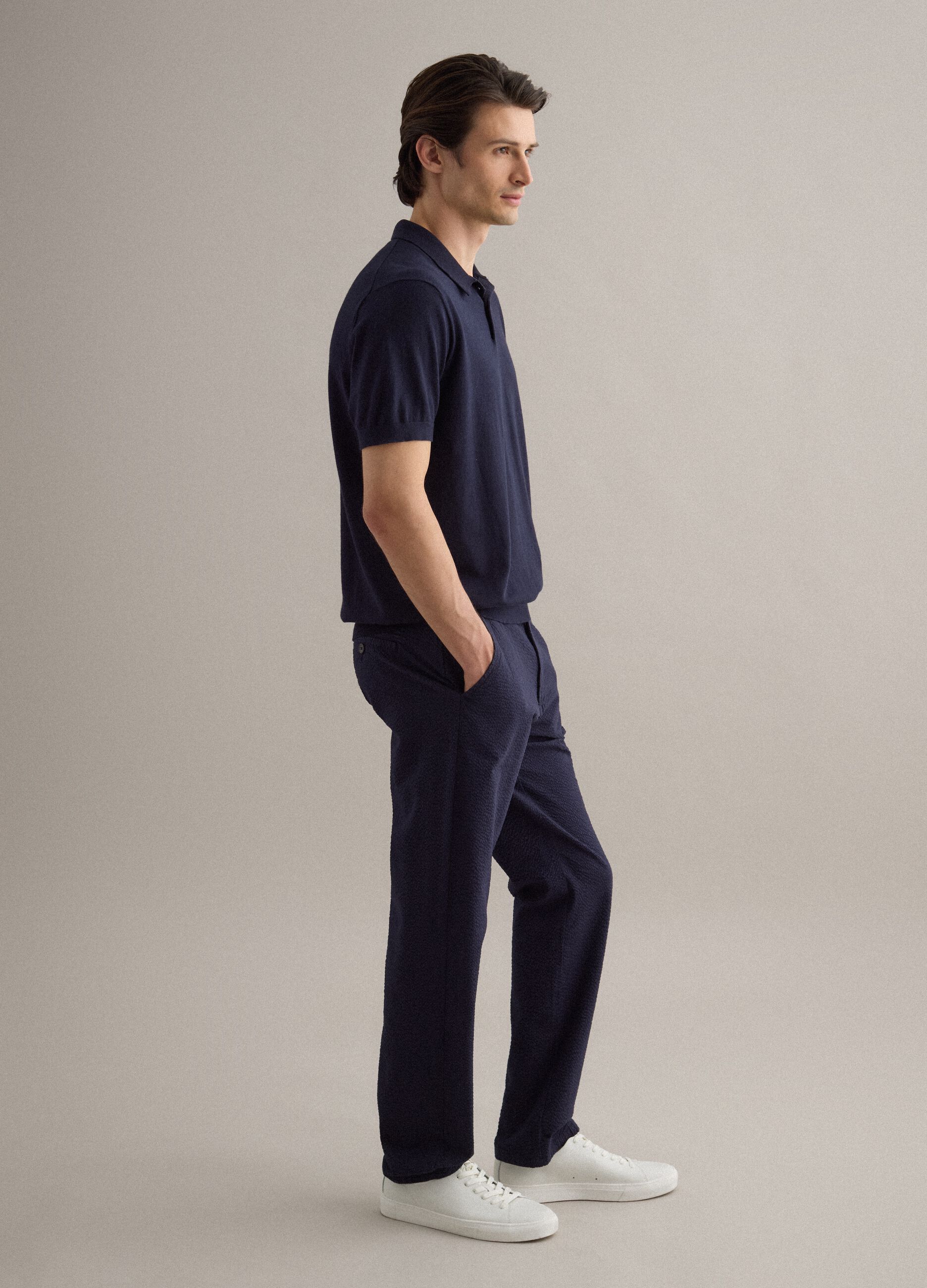 Regular fit blue polo in cotton, linen and silk blend