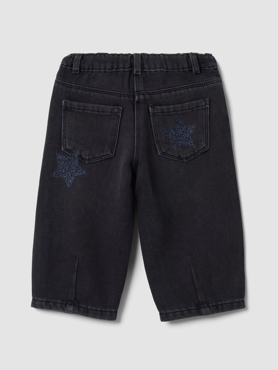 Black balloon-fit jeans in cotton and viscose blend with star print for baby girl_1