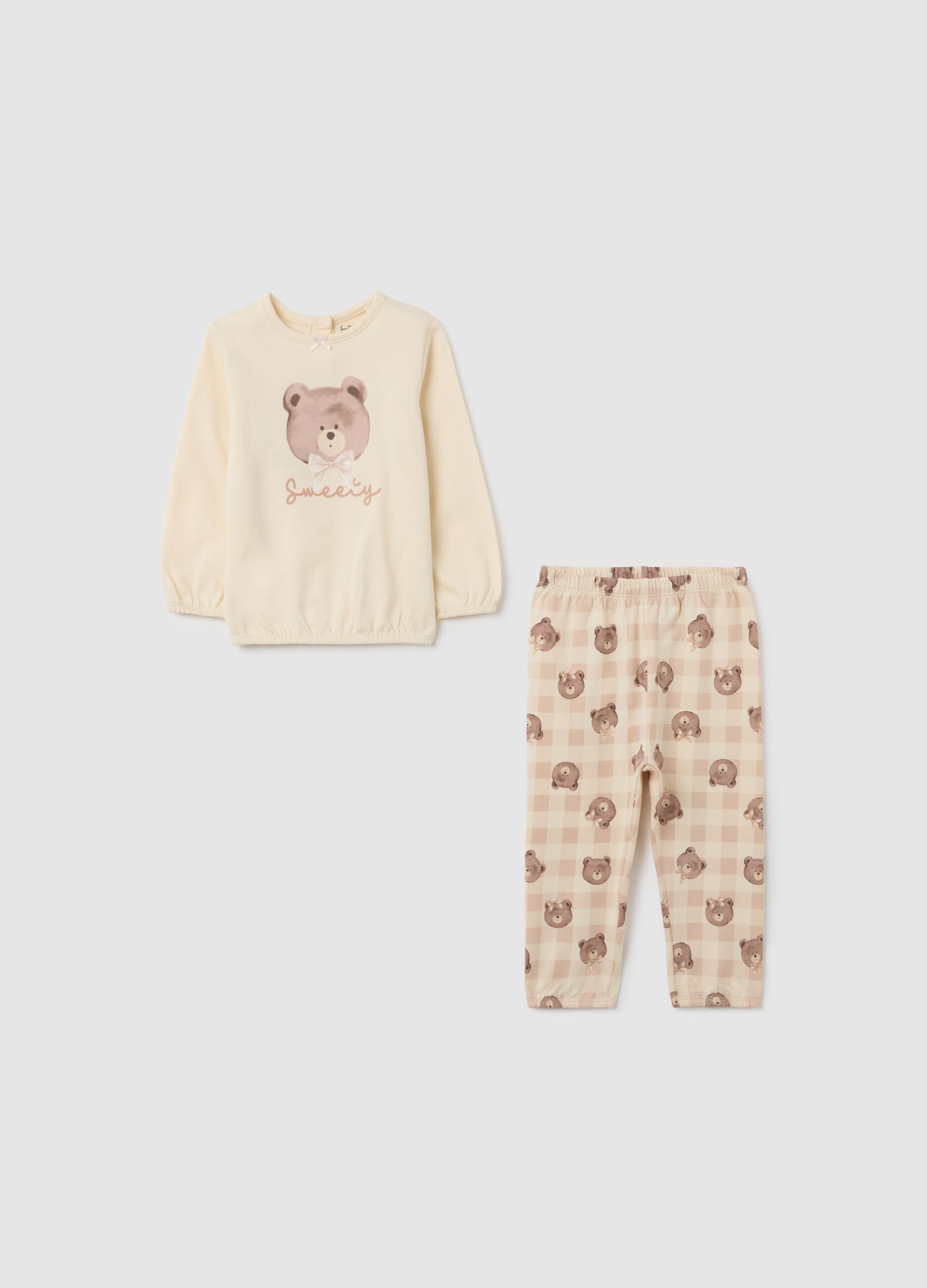 Baby Girl Pyjamas in Pure Beige Cotton with Print