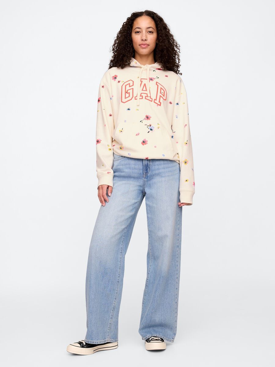 Beige Hooded Sweatshirt with Flowers and Gap Logo_2