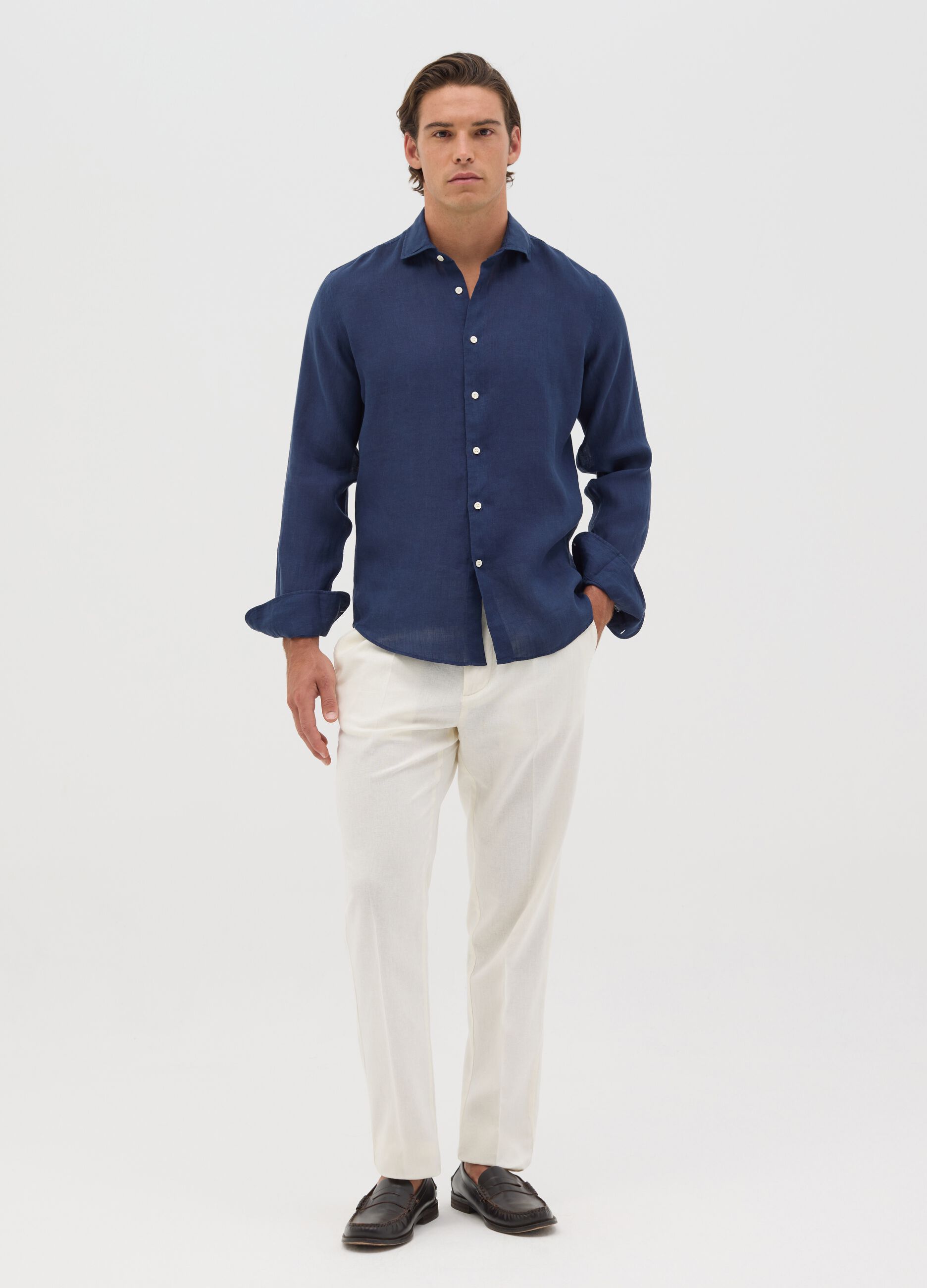 Blue slim-fit linen shirt