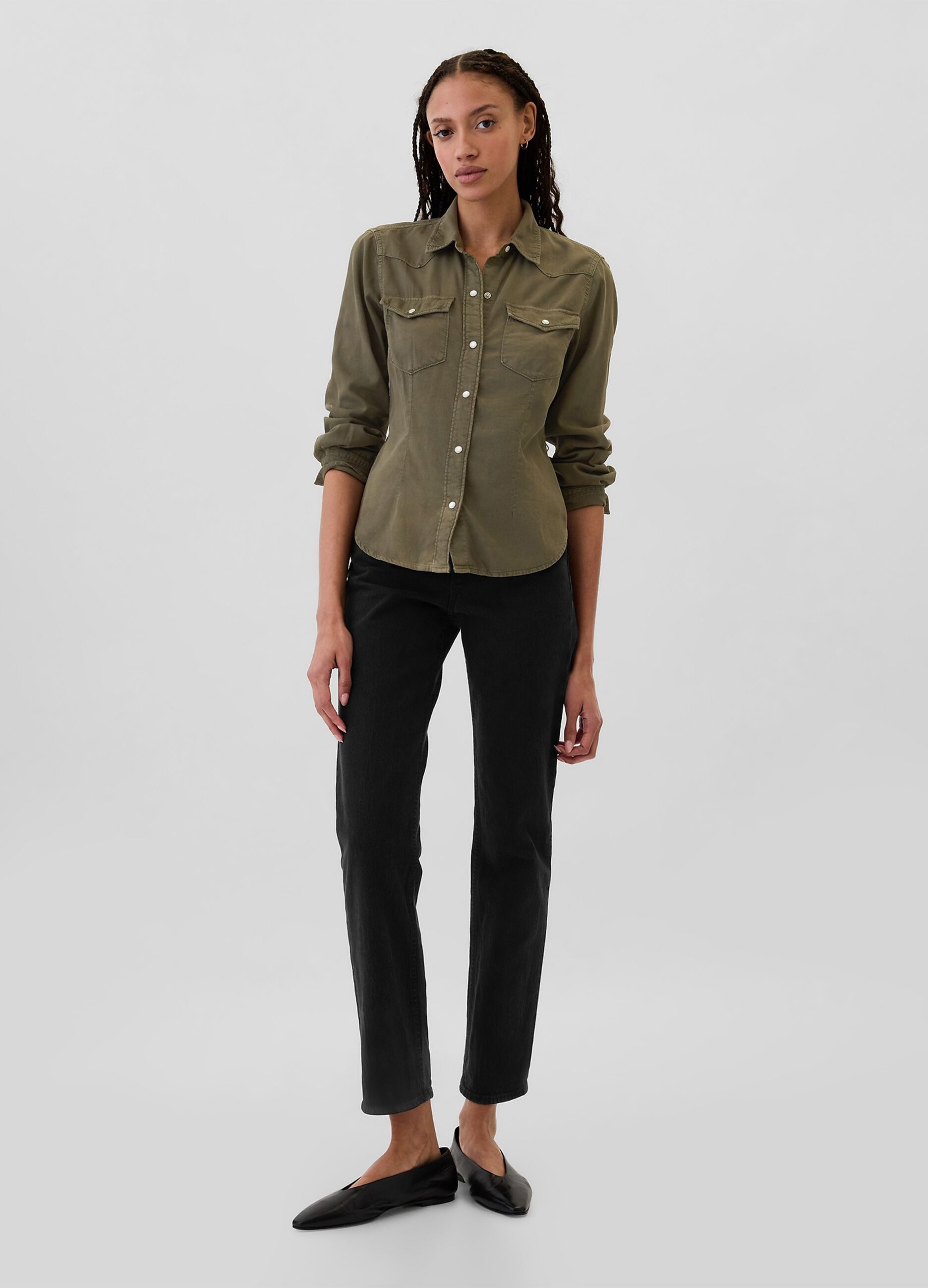 Western shirt in denim with pearl buttons