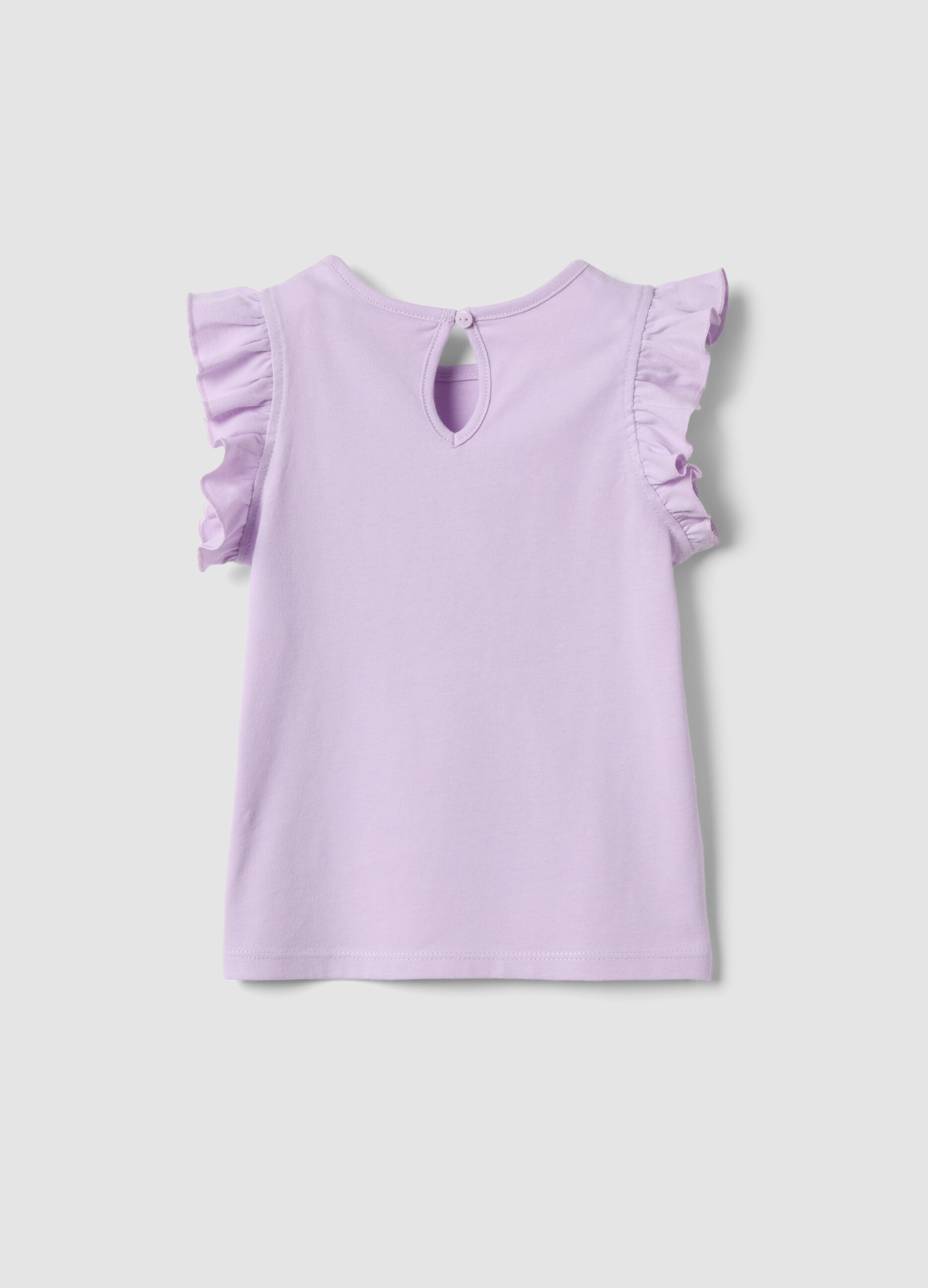 Purple organic cotton girls&rsquo; tank top with print and ruffles