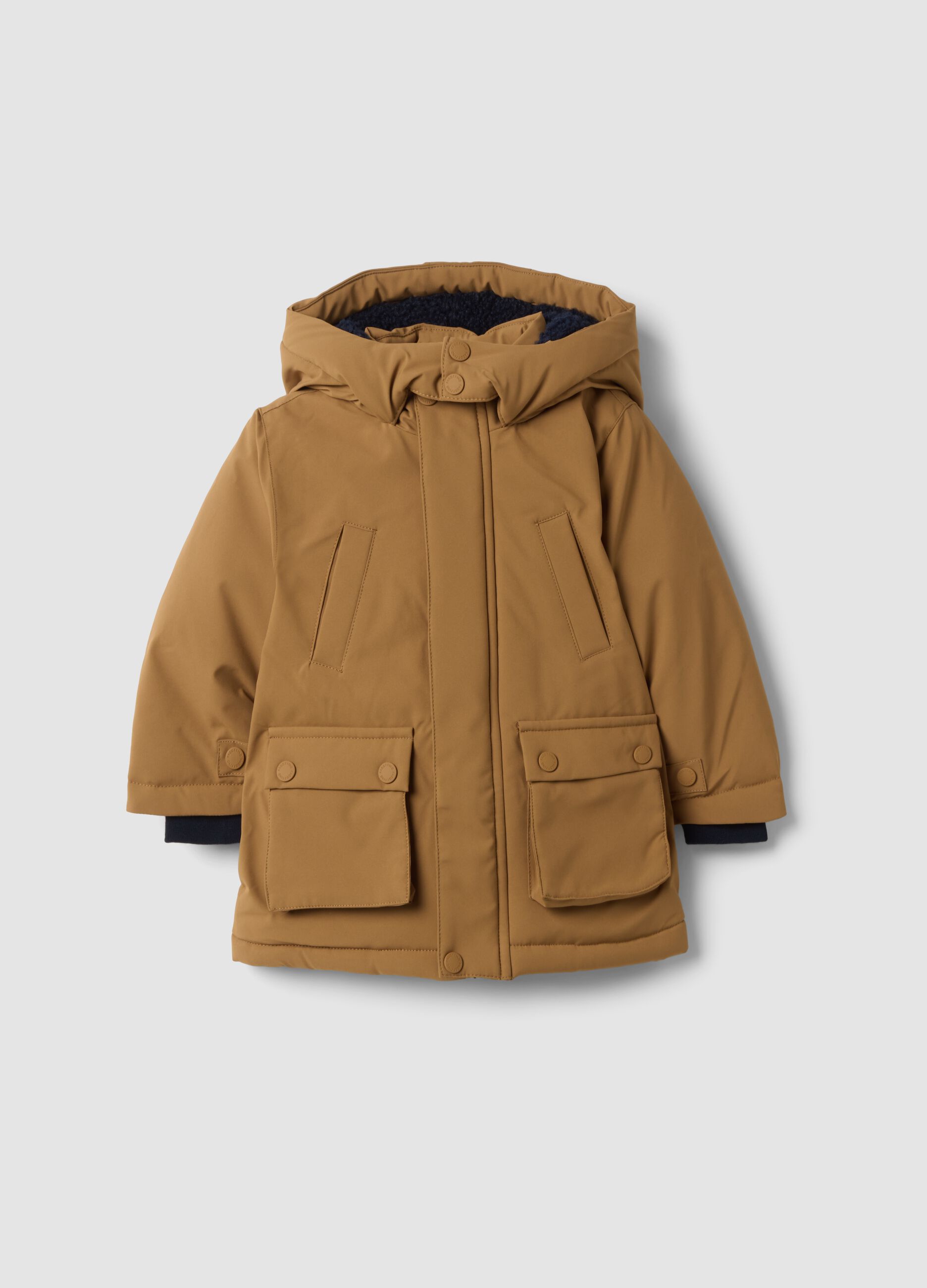 Long padded brown parka with hood, regular fit