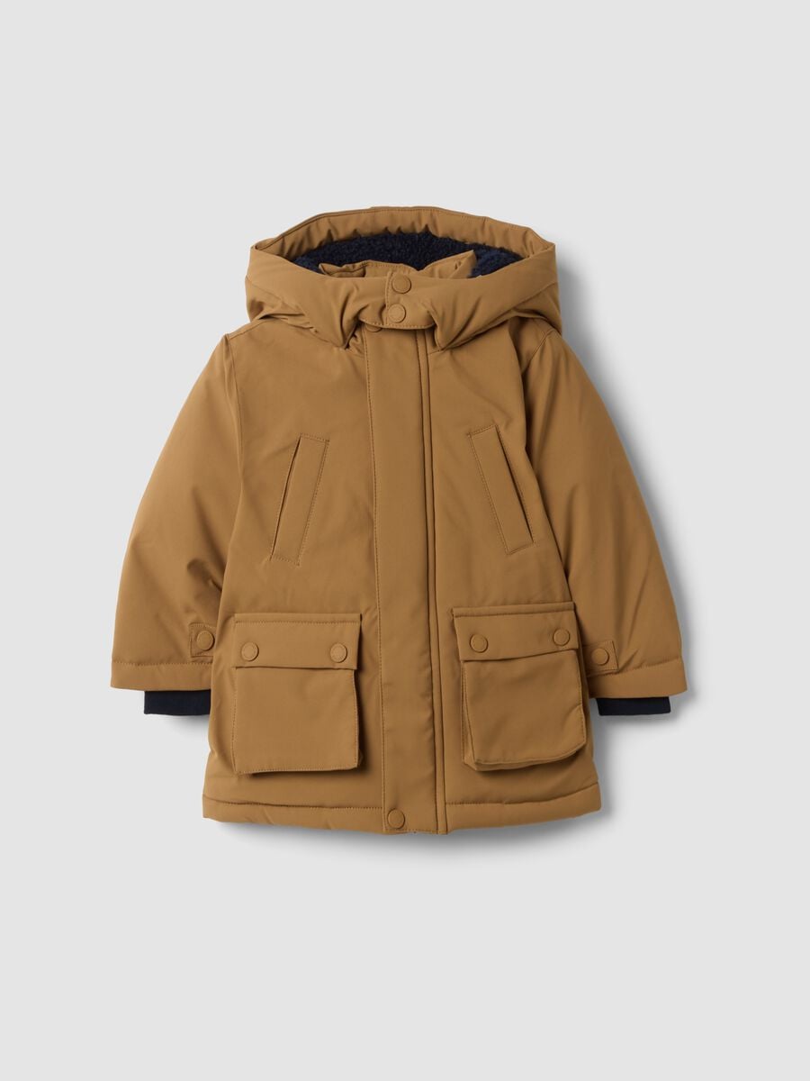 Long padded brown parka with hood, regular fit_0