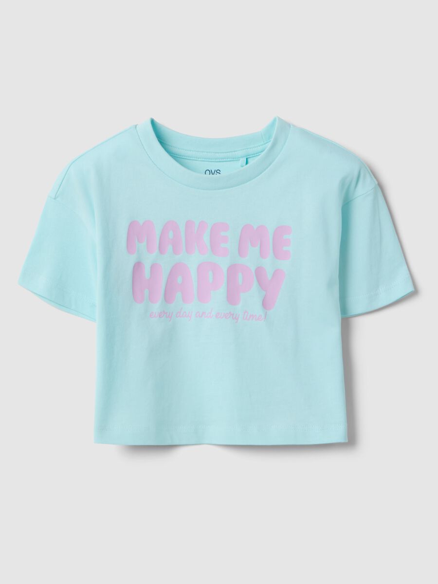 T-shirt in puro cotone azzurra da bambina boxy fit con scritta_0