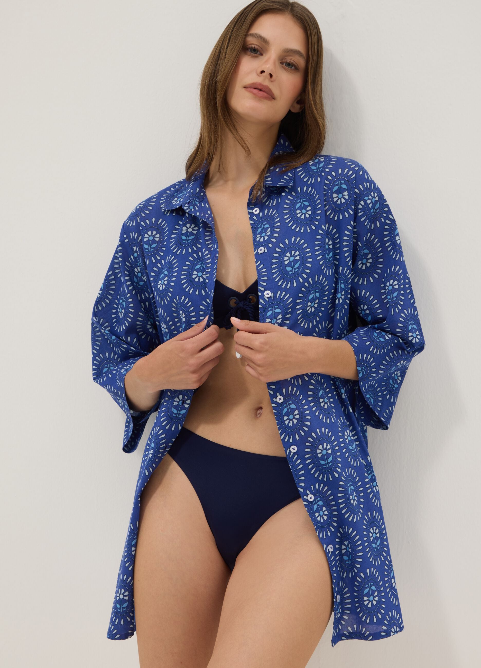 Blue pure cotton patterned kaftan
